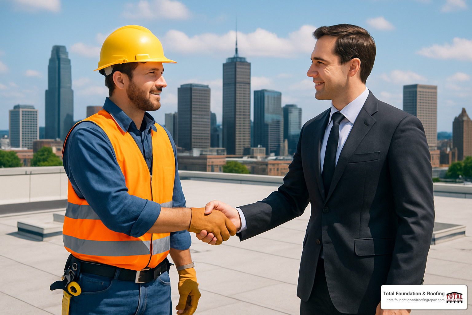 professional handshake between contractor and business owner on commercial rooftop - commercial roof cleaning near me