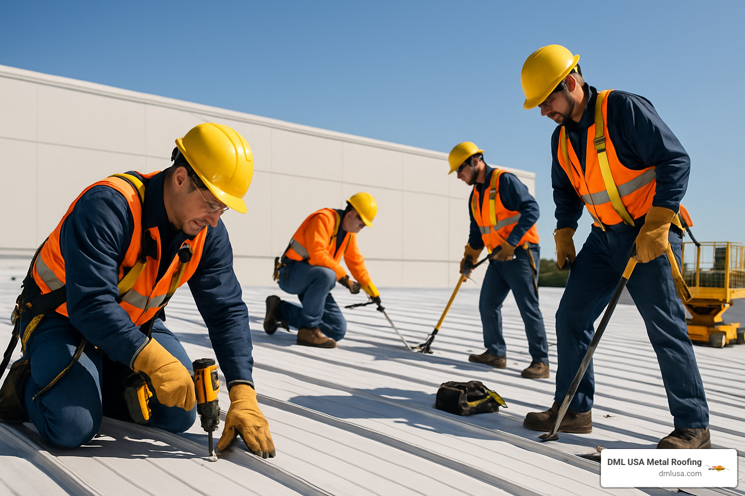 Professional metal roof repair team working on commercial building - metal roof repair companies