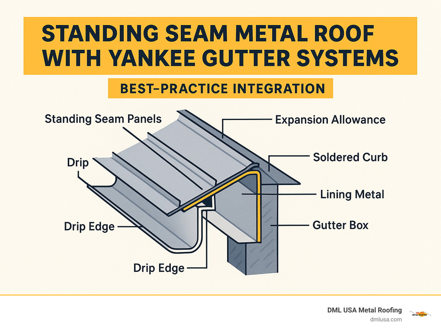 Technical diagram showing proper integration of standing seam panels with built-in gutter system - standing seam metal roof with yankee gutter systems infographic 
