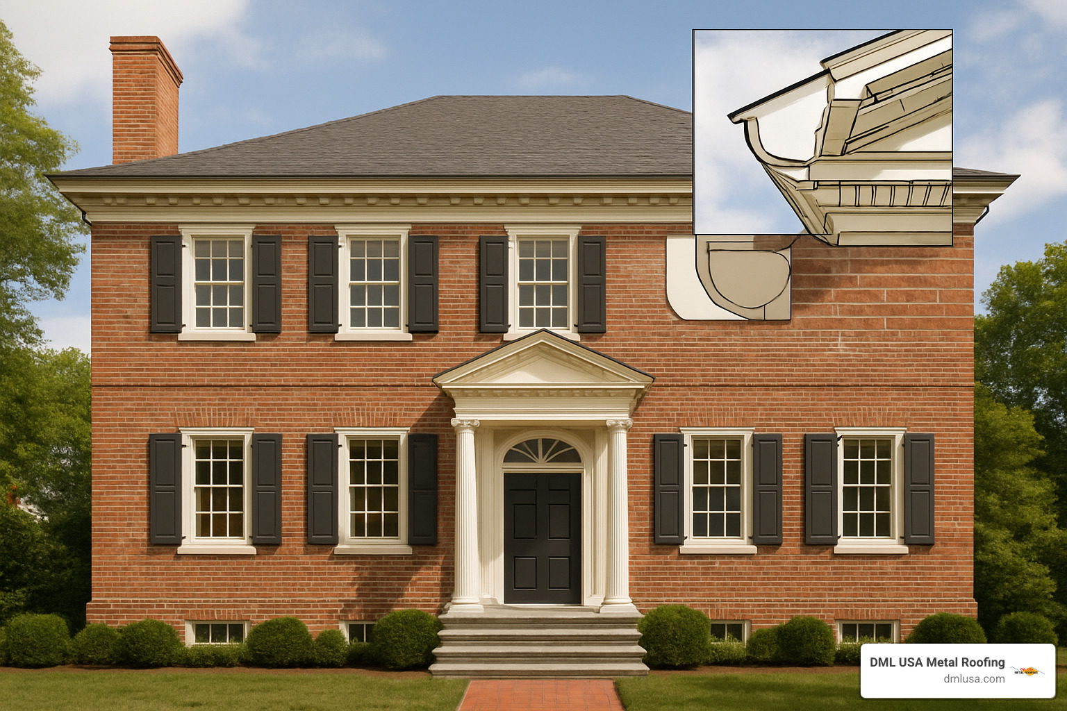 Historic Georgian-style home showing concealed Yankee gutter system integrated into cornice - standing seam metal roof with yankee gutter systems
