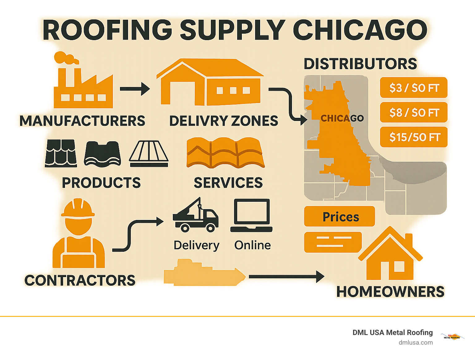 Comprehensive infographic showing Chicago roofing supply chain from manufacturers to distributors to contractors and homeowners, including delivery zones, product categories, pricing ranges, and service options available across Chicagoland area - roofing supply chicago infographic 