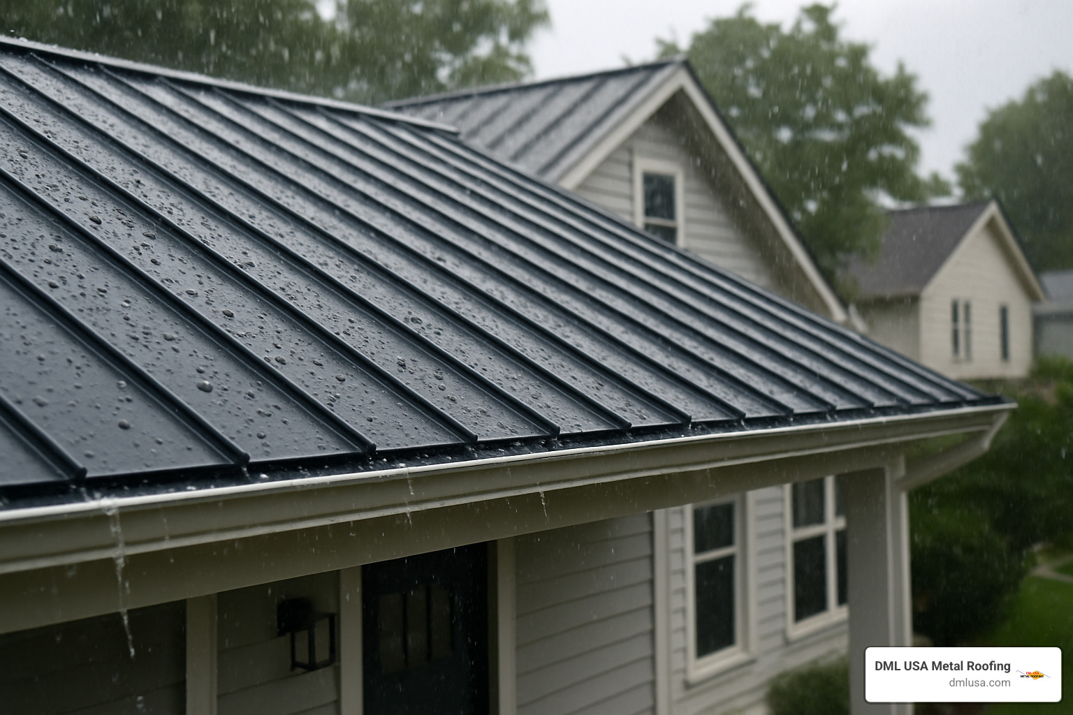 rain falling on a modern metal roof, illustrating durability and water shedding - replace shingles with metal roof