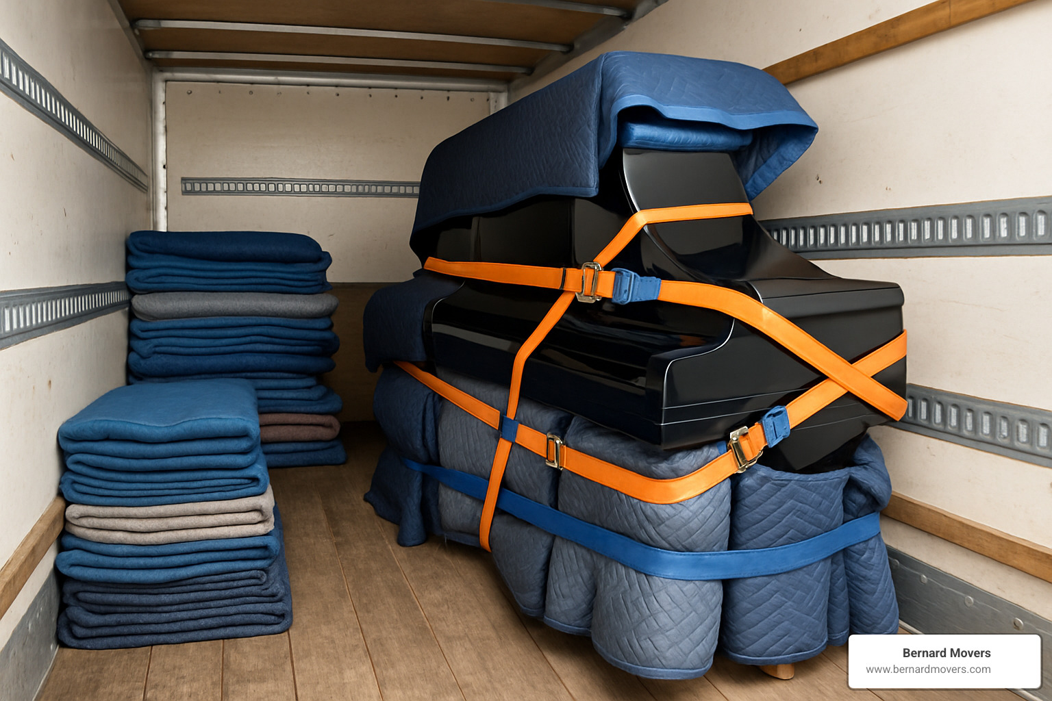 properly secured piano inside moving truck with professional strapping and padding - best way to move a piano long distance