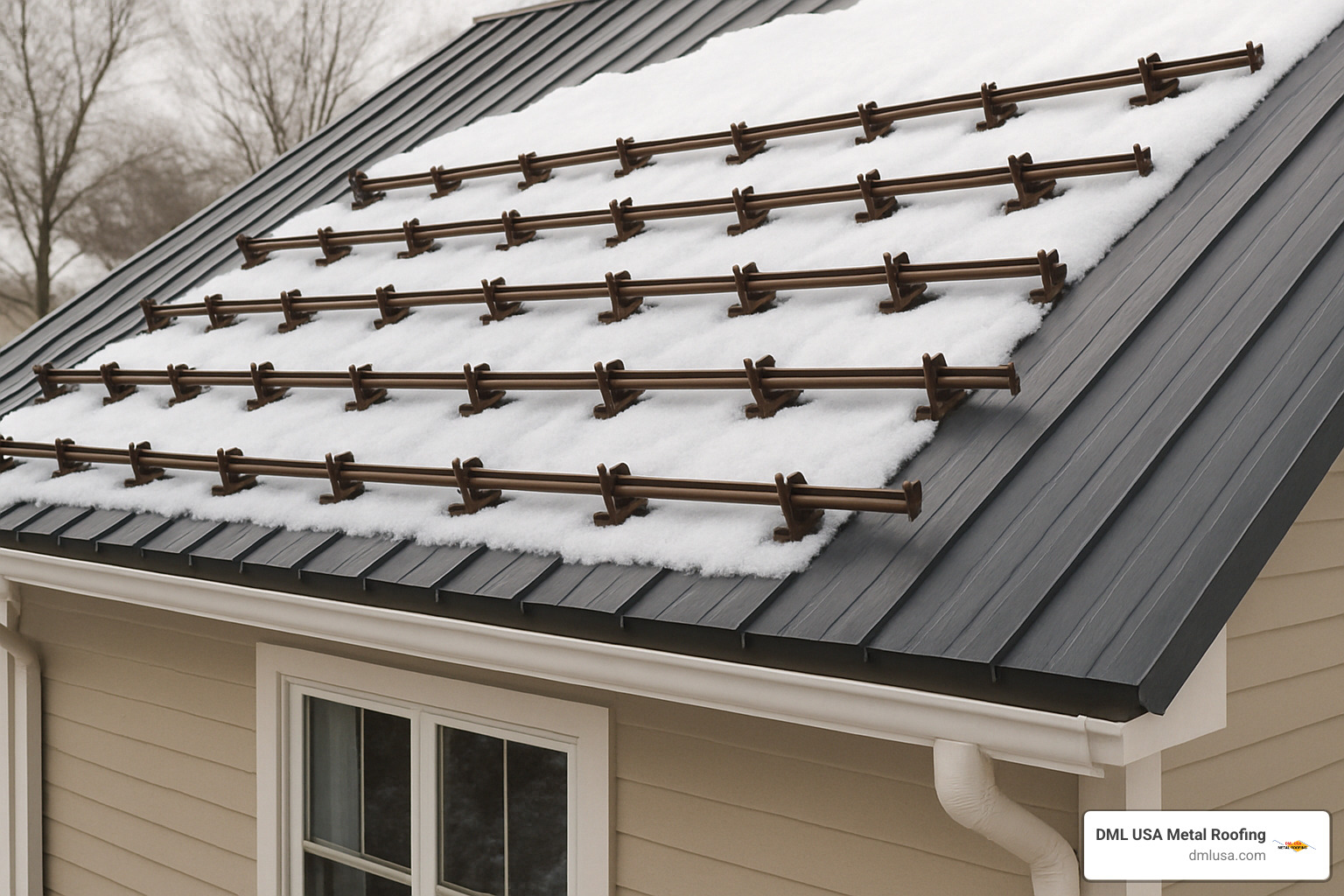 Snow guard placement graphic: shows rows of snow guards across a metal roof in a staggered layout for safe snow retention - Metal roof design options