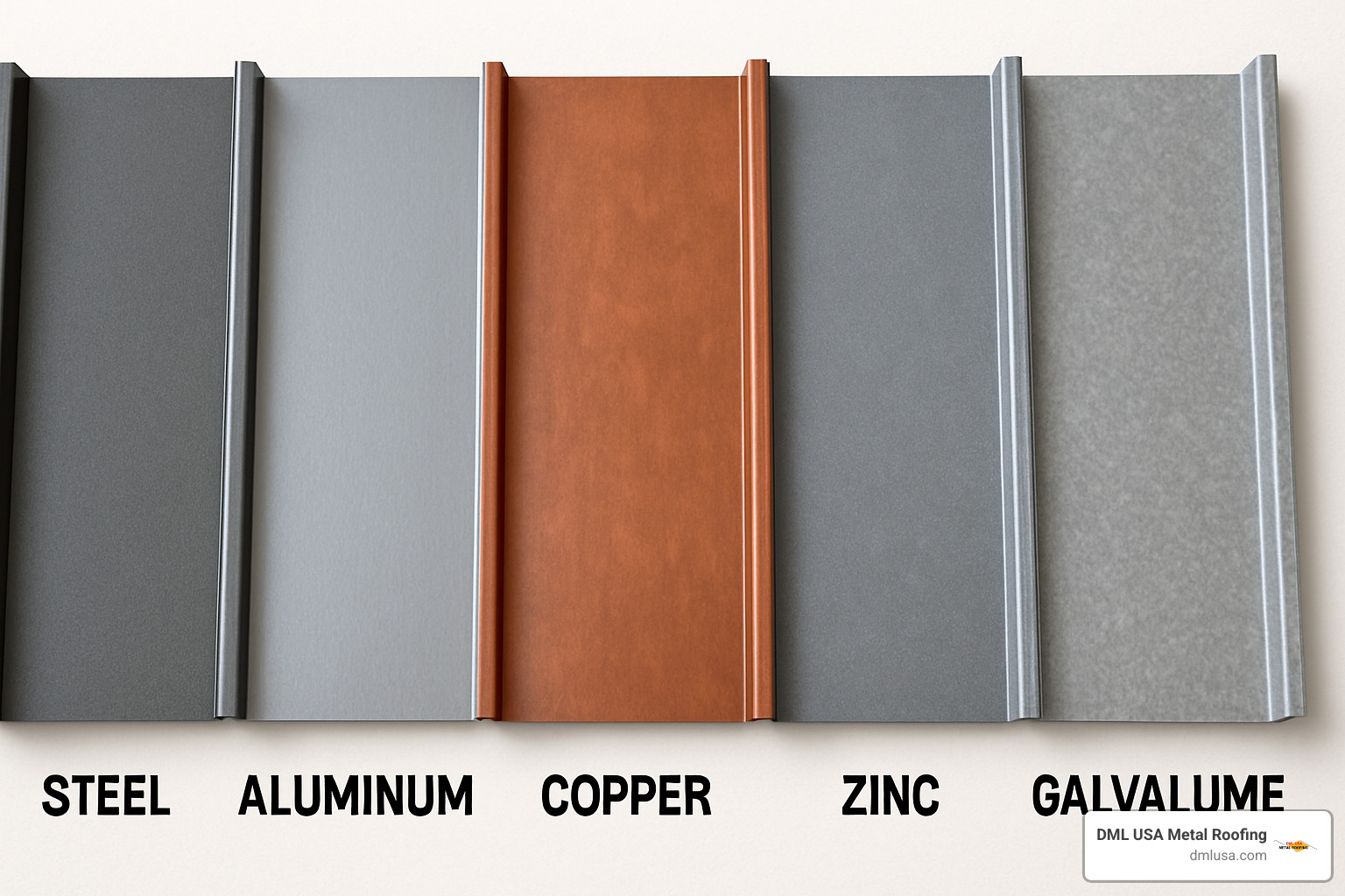 Example of metal roof materials side-by-side: steel, aluminum, copper, zinc, Galvalume - Metal roof design options