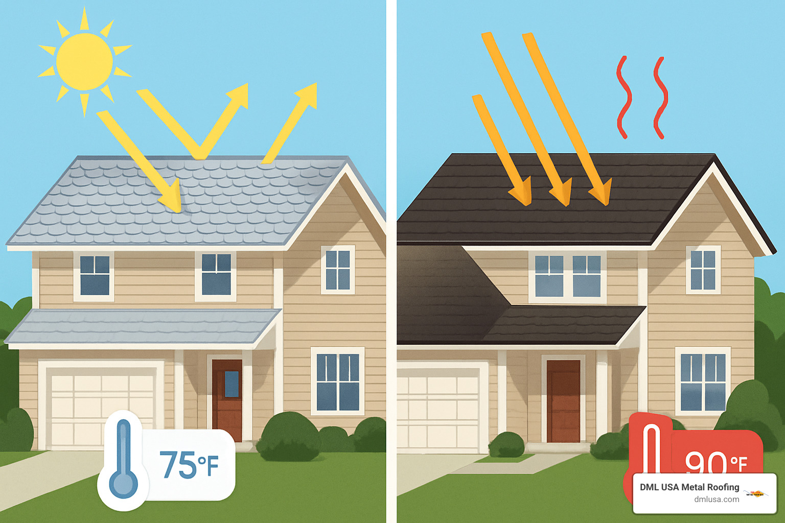 Energy efficiency comparison showing metal shingle roofing reflecting heat versus asphalt shingles absorbing heat - metal shingle roofing