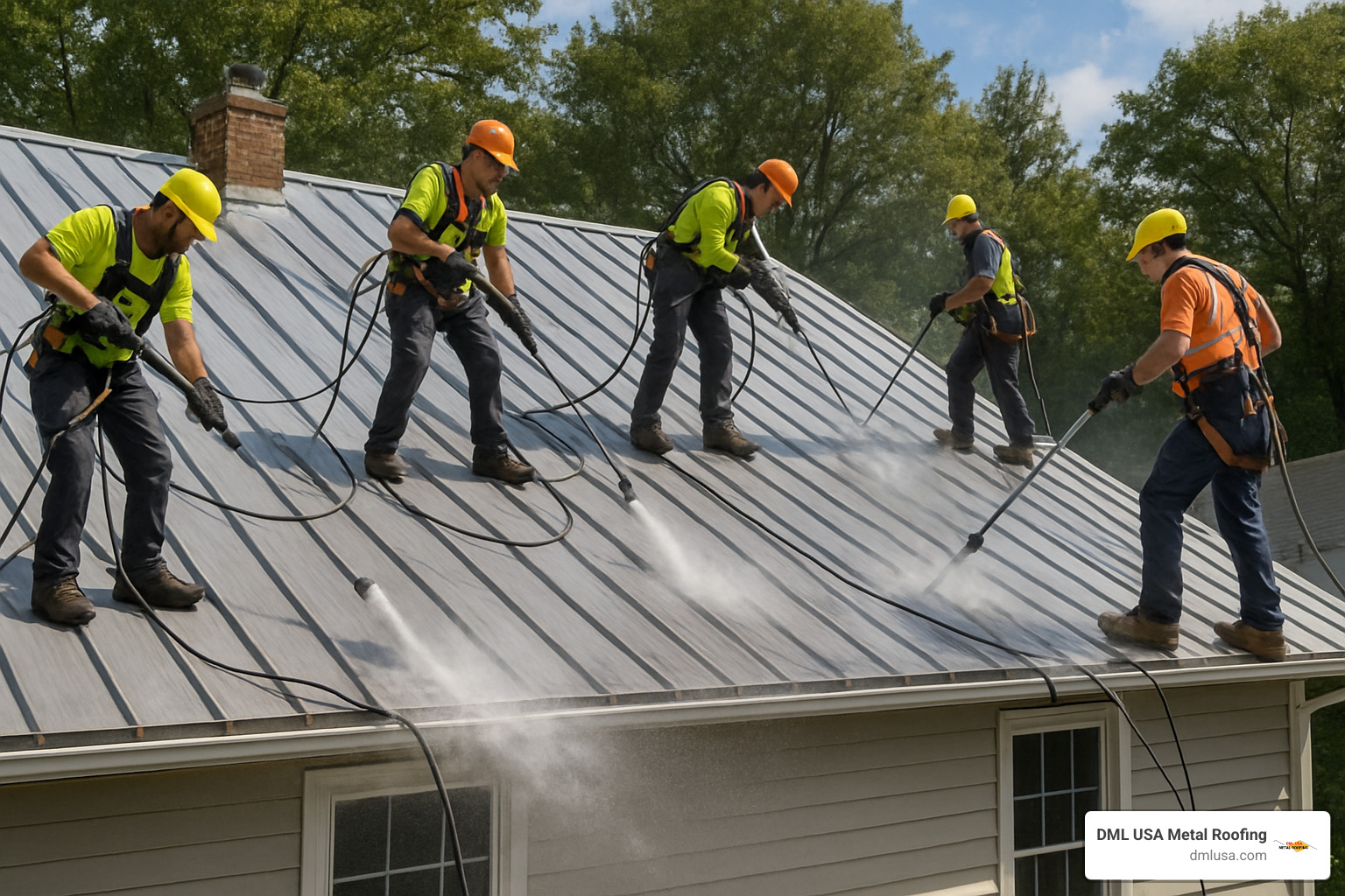 crew washing roof - metal roof painting companies near me