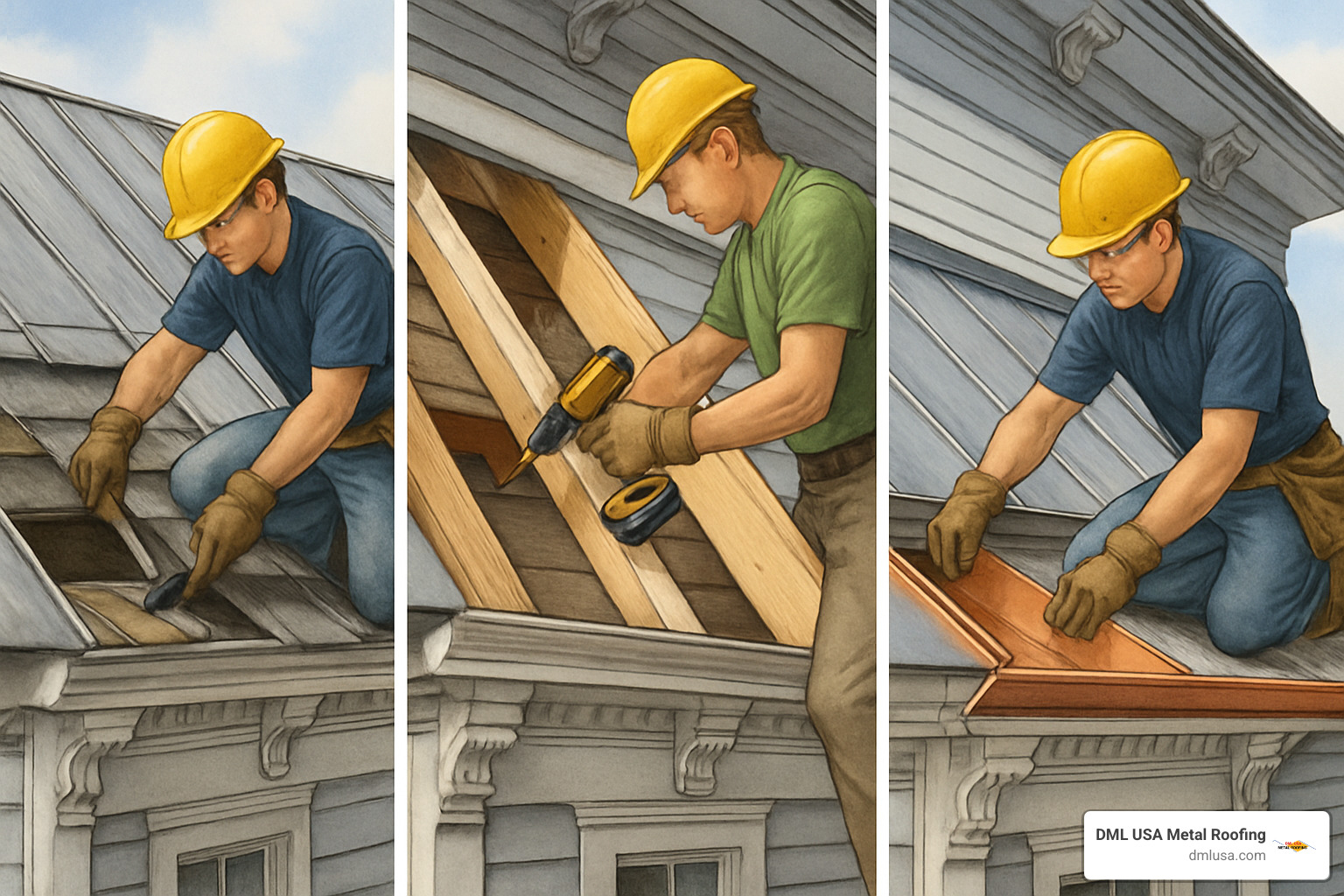 Detailed restoration process showing tear-out, framing repair, and new installation phases - standing seam metal roof with yankee gutter systems