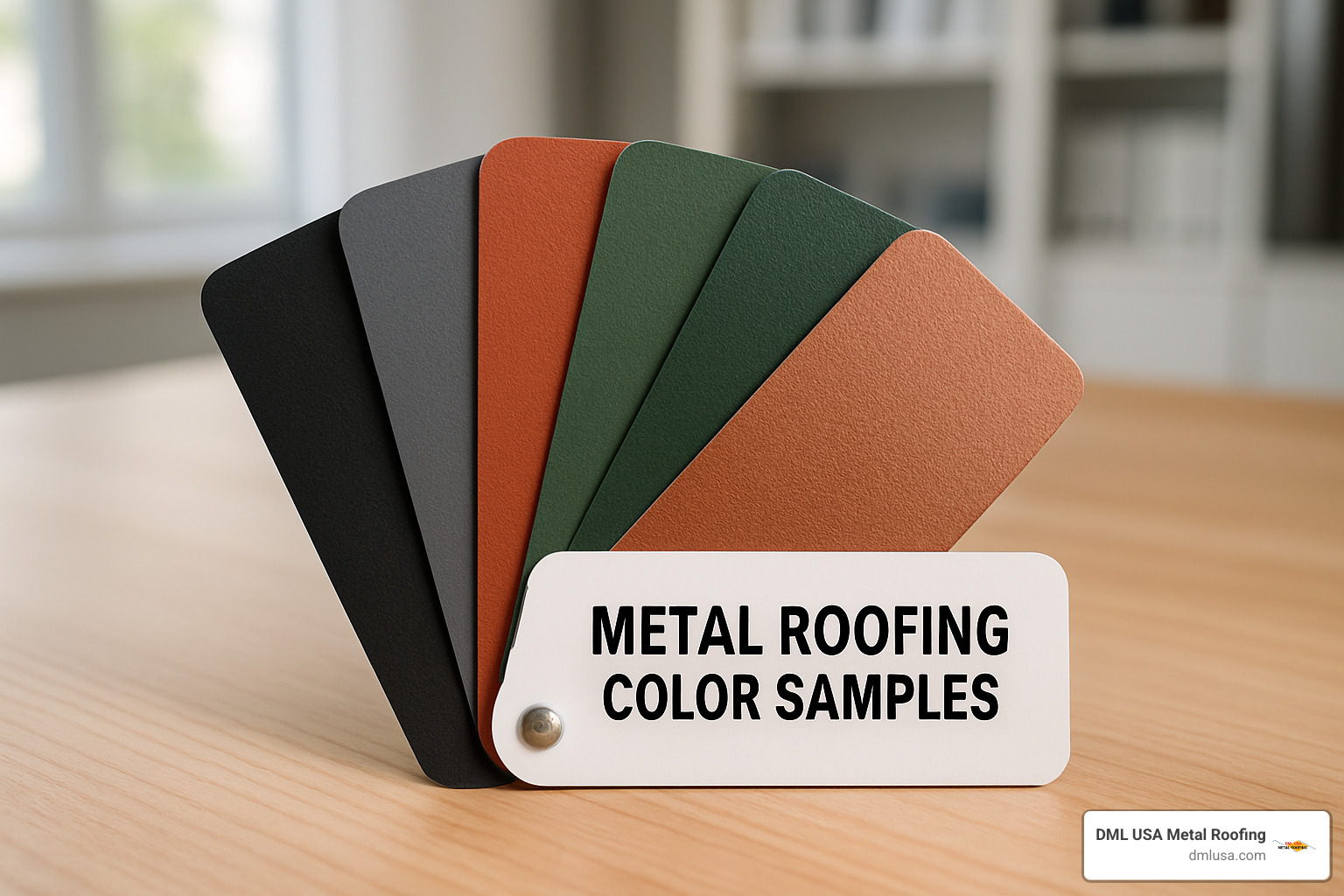 Fan deck showing popular metal roof colors, including matte black, slate gray, terra cotta, forest green, and metallic copper - Metal roof design options