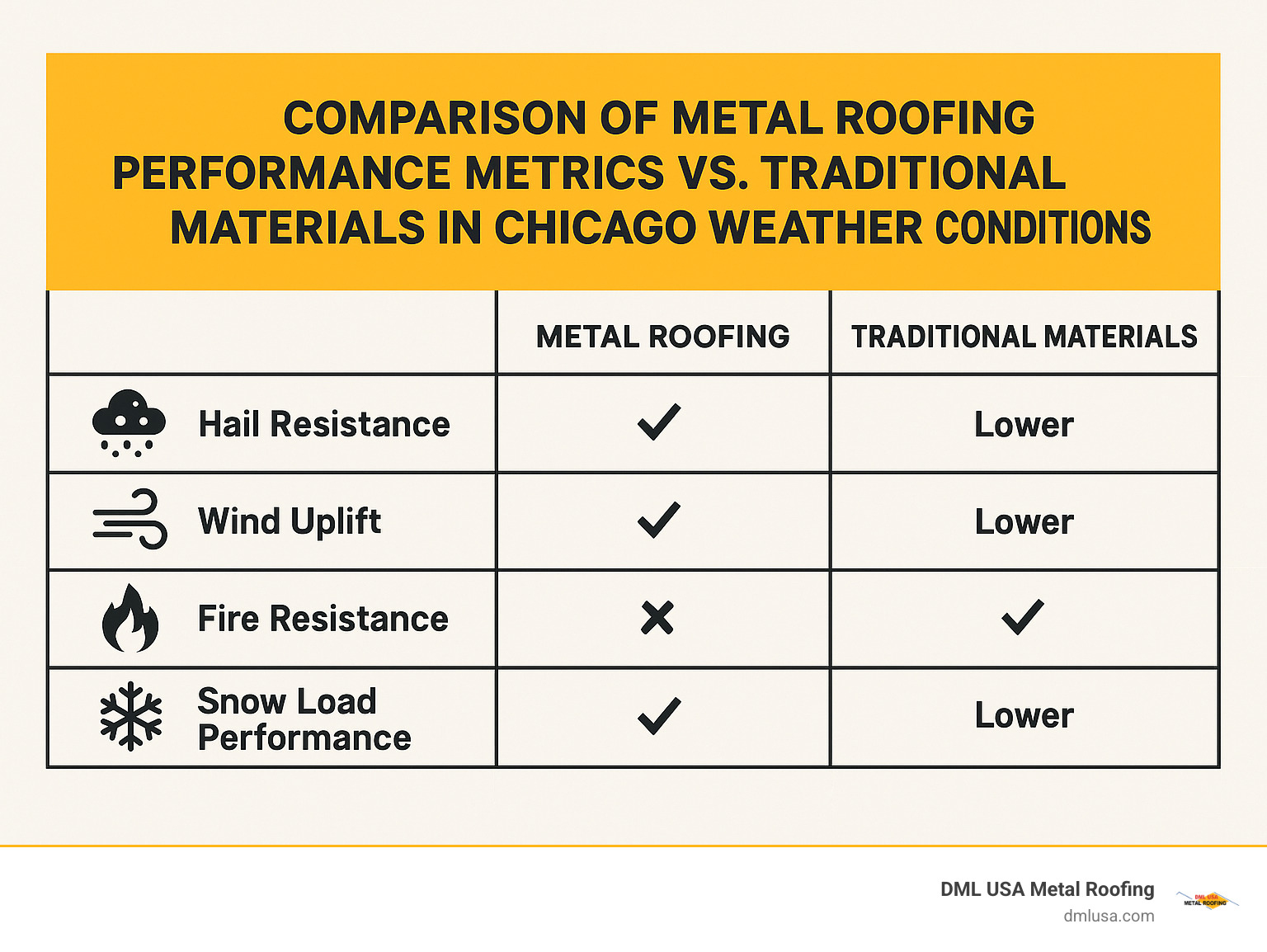 Comparison table showing metal roofing performance metrics versus traditional materials in Chicago weather conditions - Chicago metal roofs infographic 