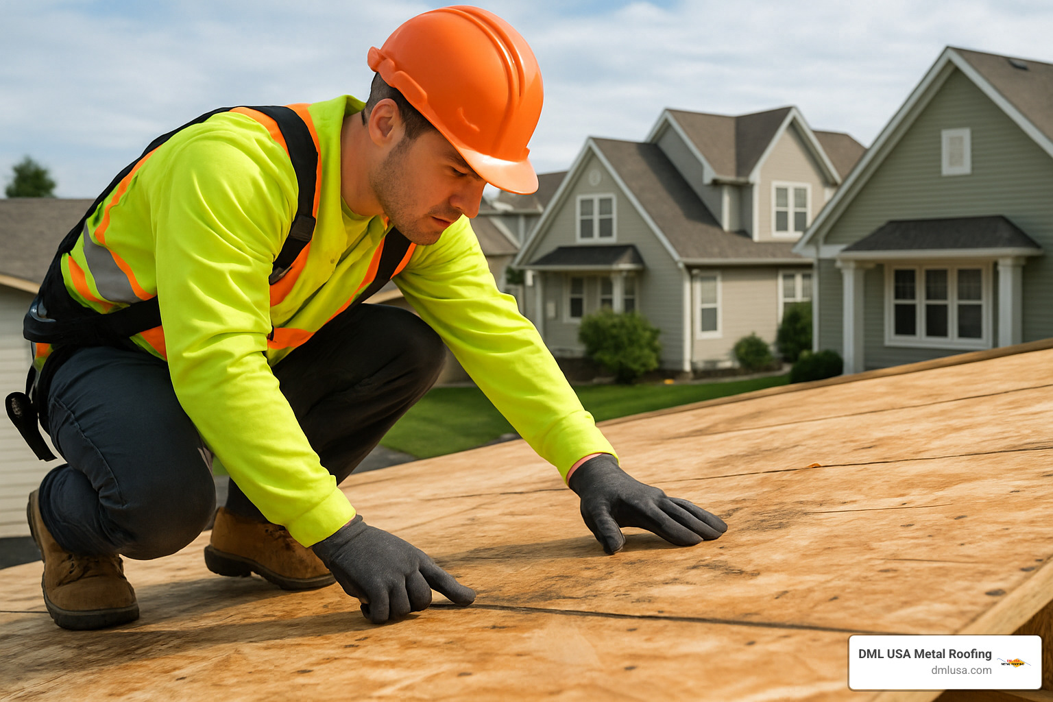 roof inspector examining a roof deck for damage before installation - replace shingles with metal roof