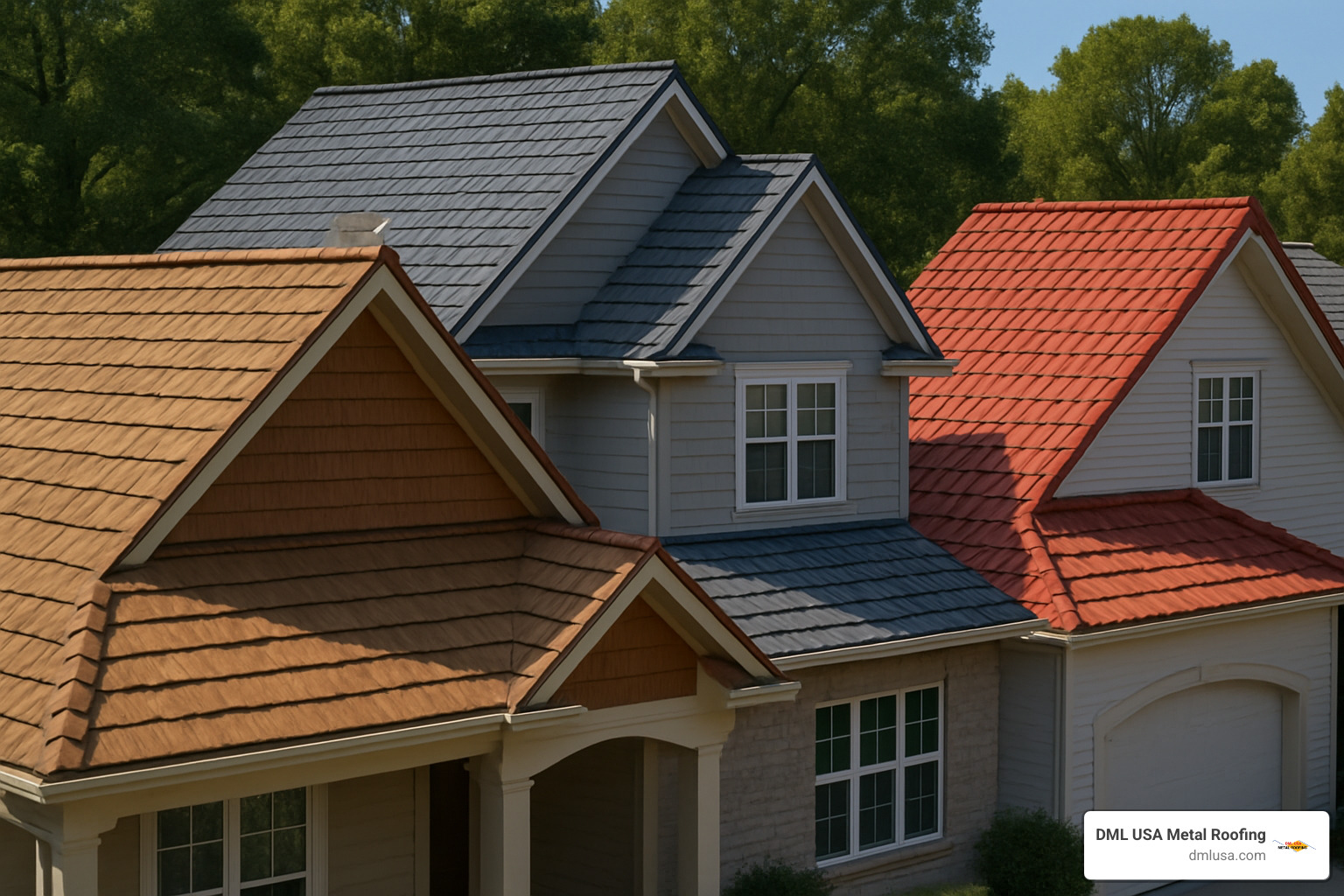 Various metal shingle roofing styles showing shake, slate, and tile profiles in different colors - metal shingle roofing