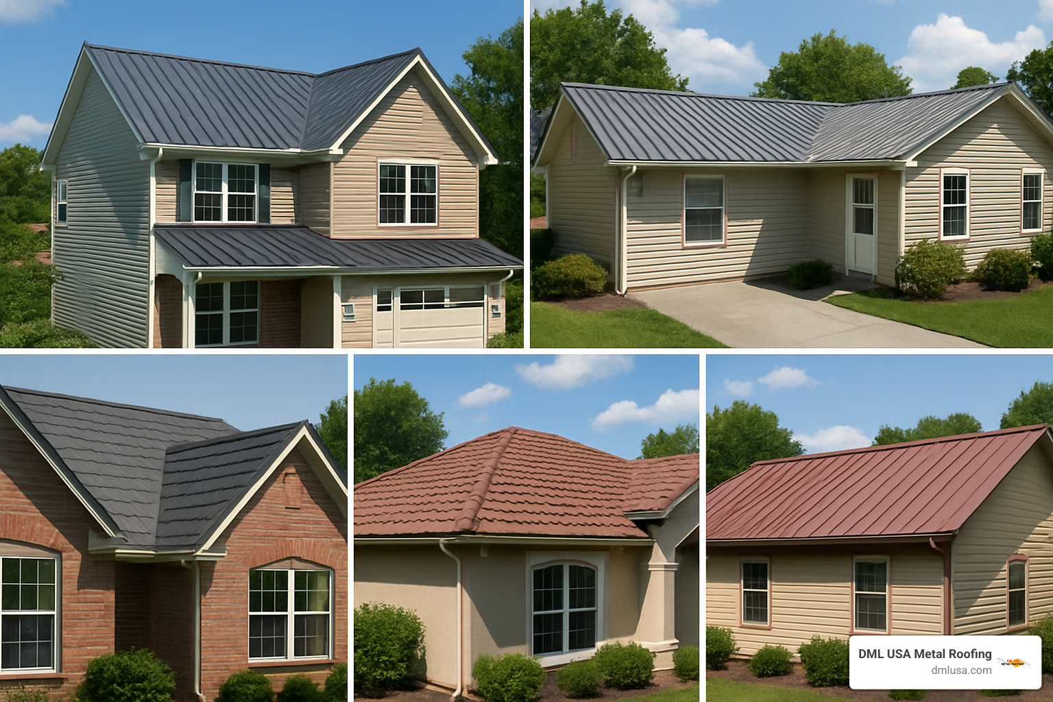 Collage: Standing seam, corrugated, metal shingles, stone-coated, ribbed panel styles - Metal roof design options