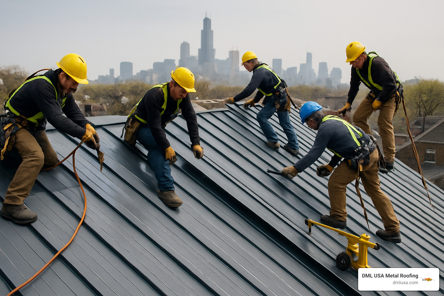 Professional crew installing standing seam metal panels on a steep slope Chicago home - Chicago metal roofs