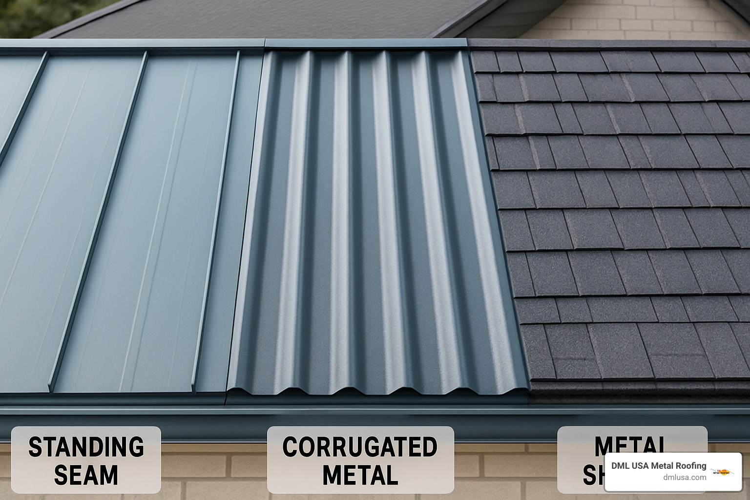 Various metal roofing panel profiles showing standing seam, corrugated, and metal shingle options - best type of metal roofing