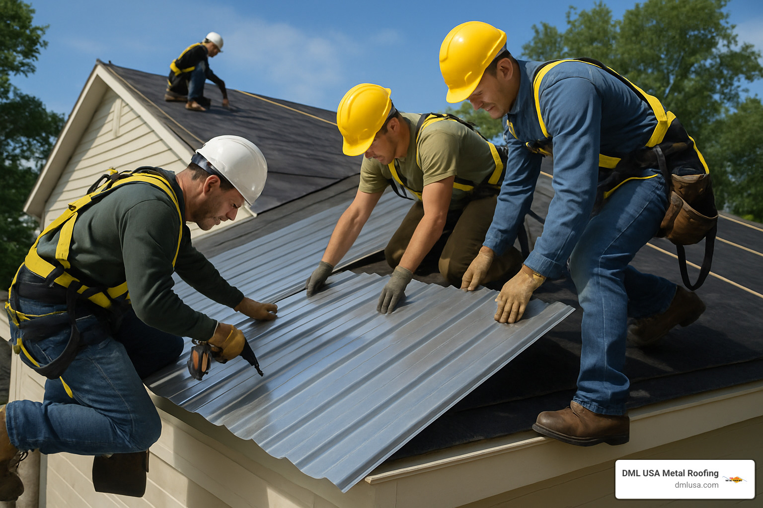 Professional installation crew positioning weatherproof metal roofing panels with proper safety equipment and techniques - Weatherproof metal roofing
