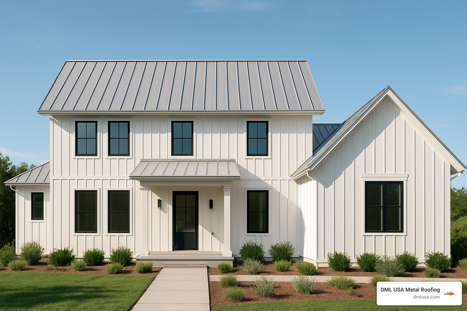 Standing seam metal roofing on modern farmhouse showing clean lines and weather-tight performance - Weatherproof metal roofing