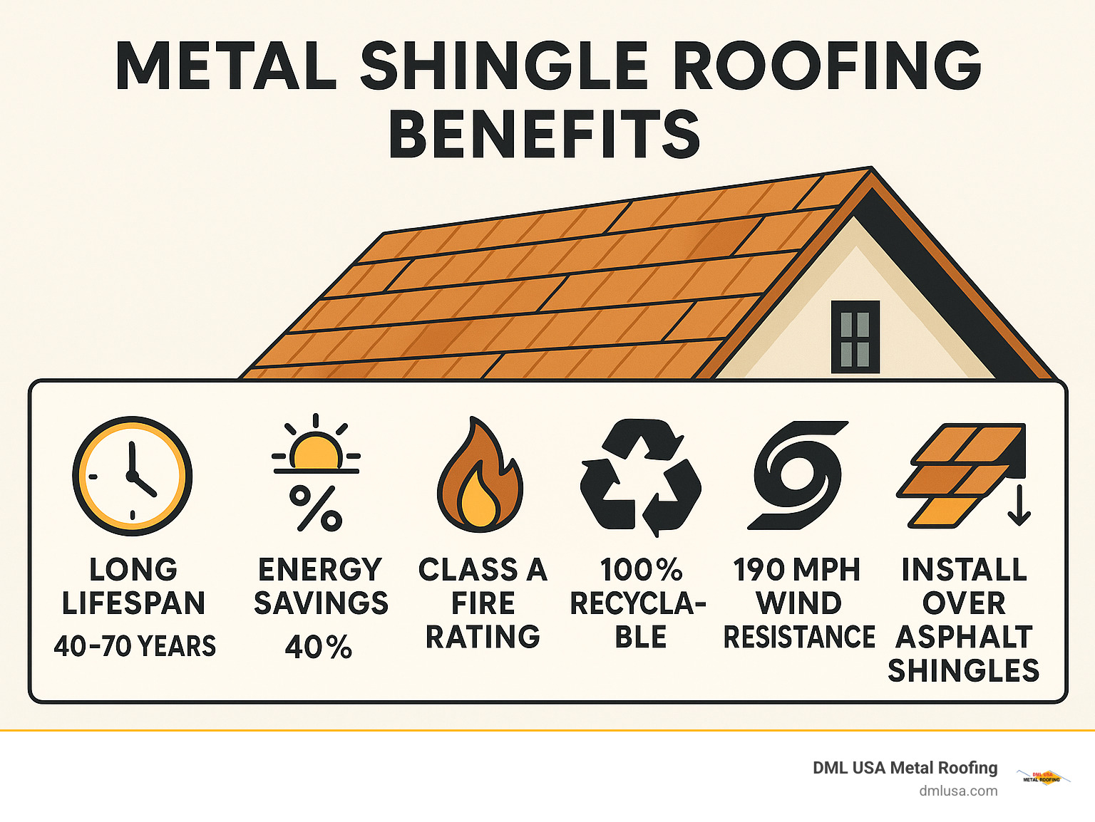 Infographic showing metal shingle roofing benefits: 40-70 year lifespan, 40% energy savings, Class A fire rating, 100% recyclable, hurricane-force wind resistance up to 190 mph, and ability to install over existing asphalt shingles - metal shingle roofing infographic 