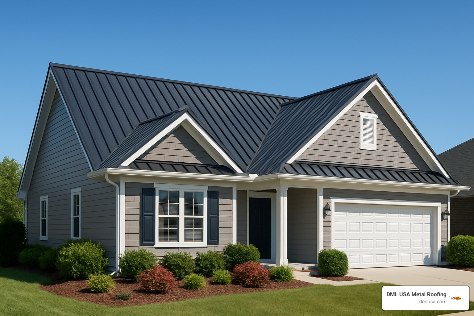 pristine metal roof, blue sky, home with curb appeal - metal roof service