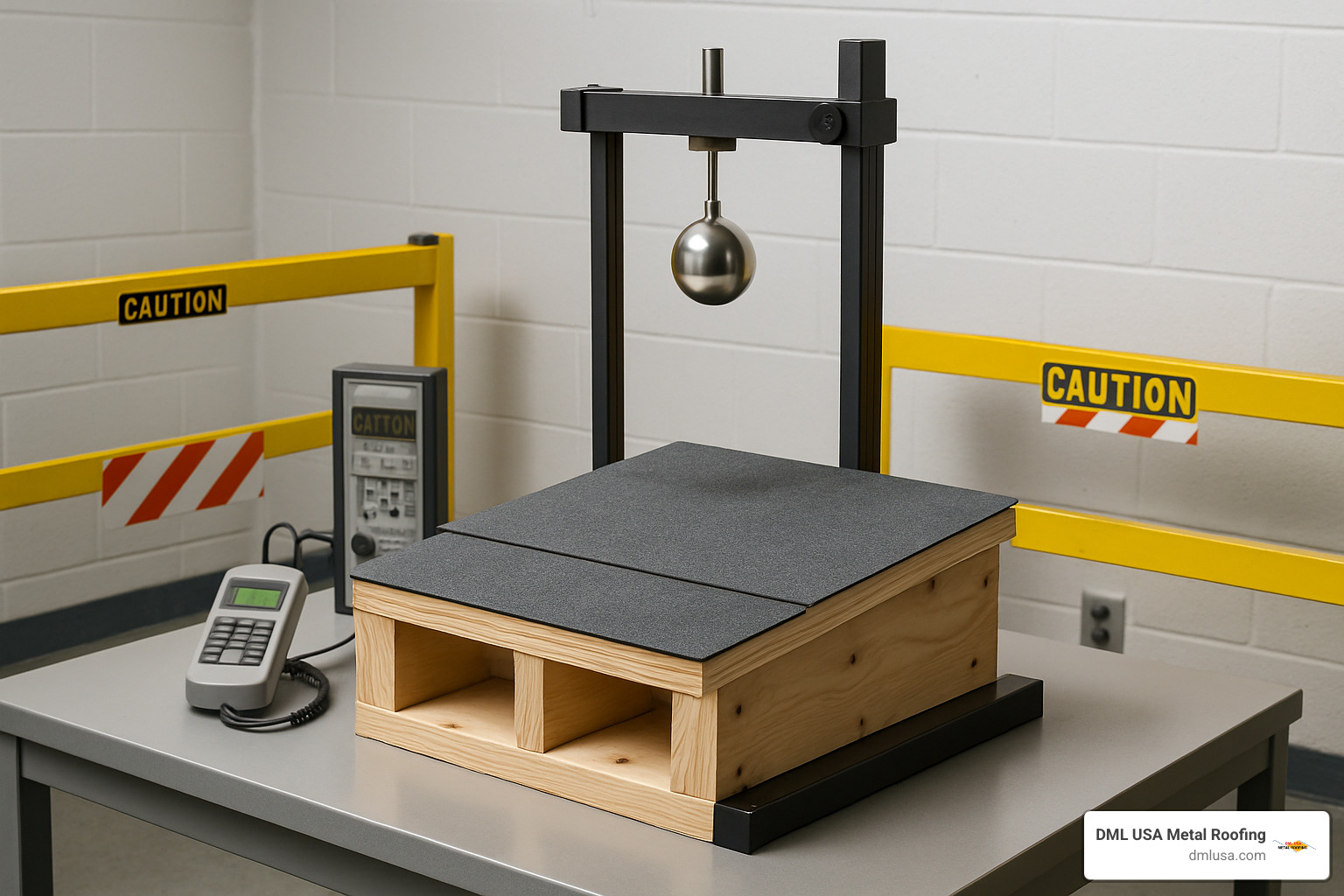Laboratory impact testing setup showing steel ball drop test equipment and sample mounting system - Impact-resistant roofing products