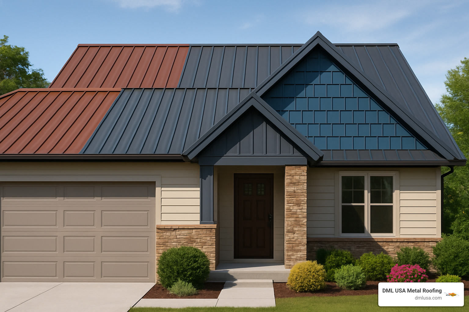 Modern home showcasing different metal roofing profiles and color options - metal roofing square foot cost