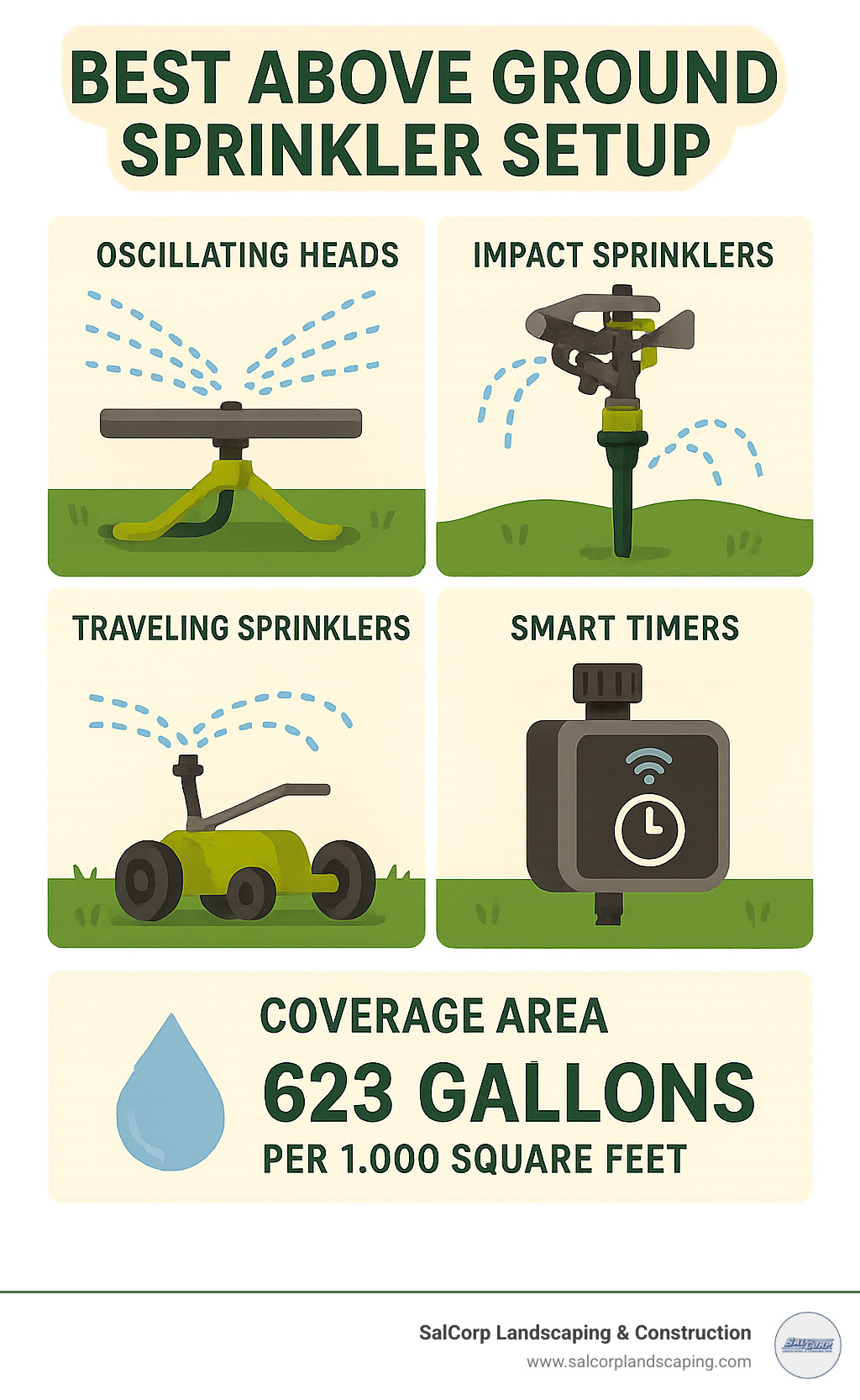 Infographic showing above ground sprinkler system components including oscillating heads for rectangular coverage, impact sprinklers for circular patterns, traveling units for large areas, smart timers for automation, and coverage area calculations showing 623 gallons needed per 1000 square feet - best above ground sprinkler setup infographic 