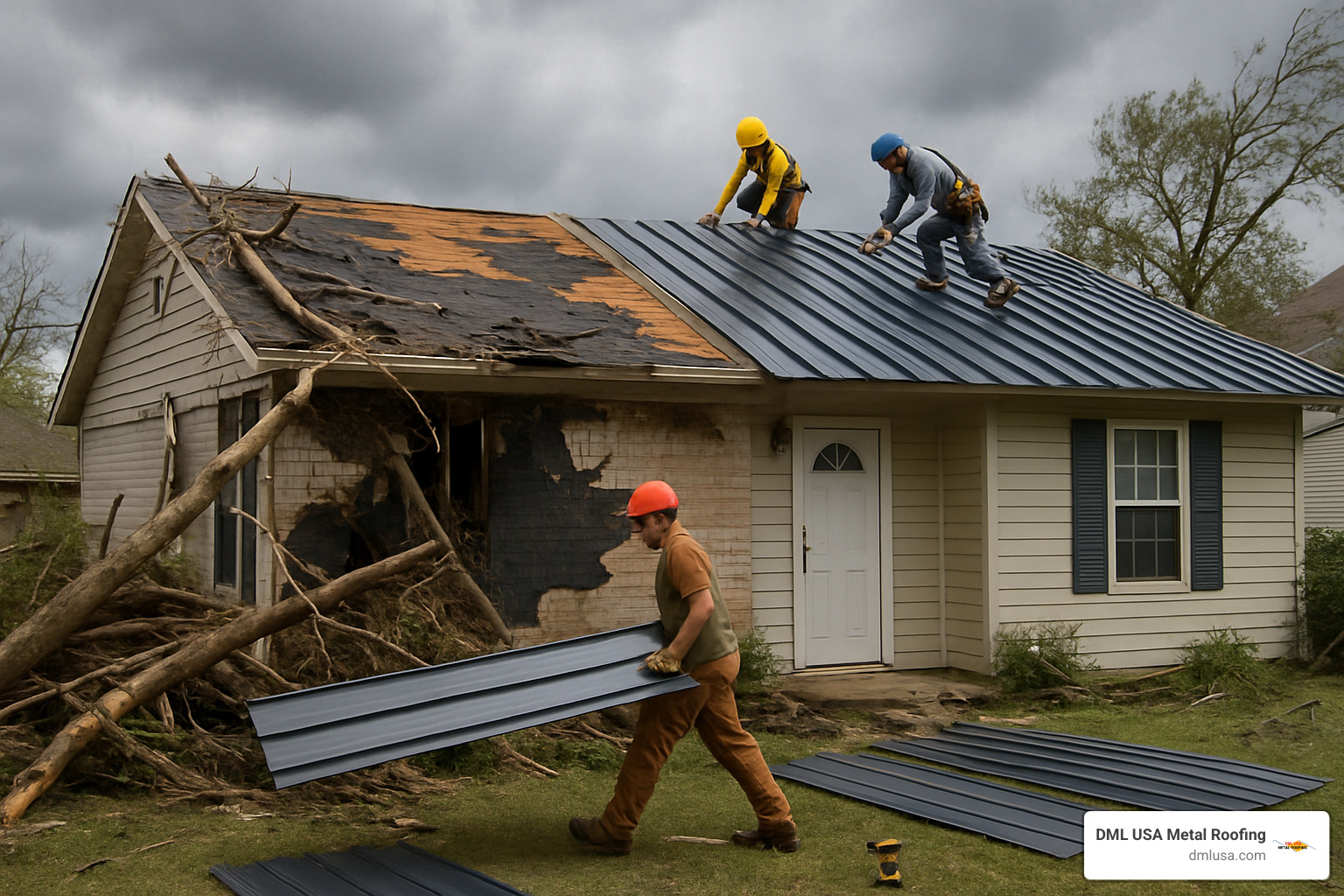 Storm-damaged roof being replaced with energy-efficient metal roofing - roofing tax credit