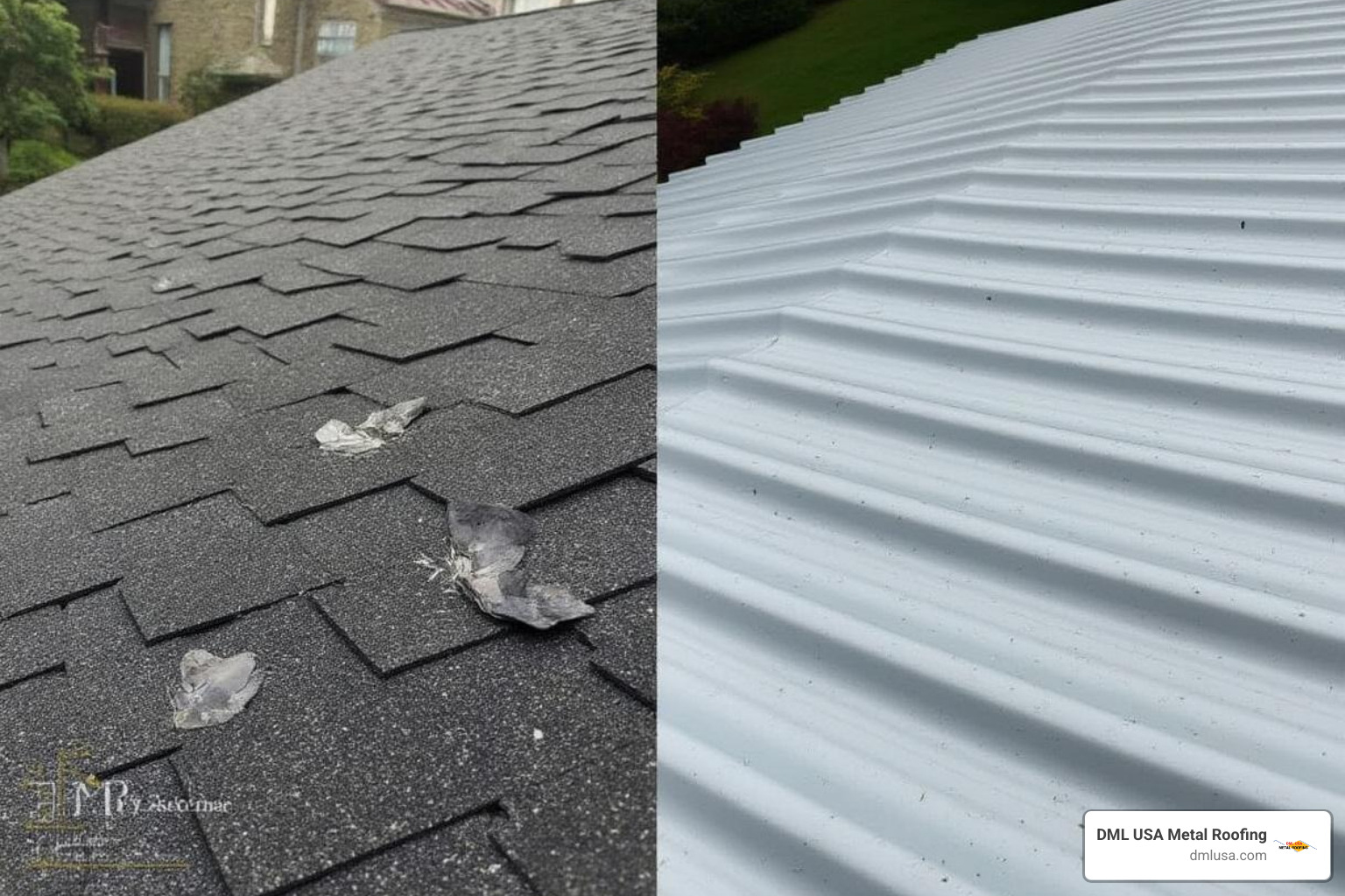 Comparison of hail-damaged asphalt shingle showing granule loss and cracking versus intact metal roofing panel showing minimal cosmetic impact - Weatherproof metal roofing