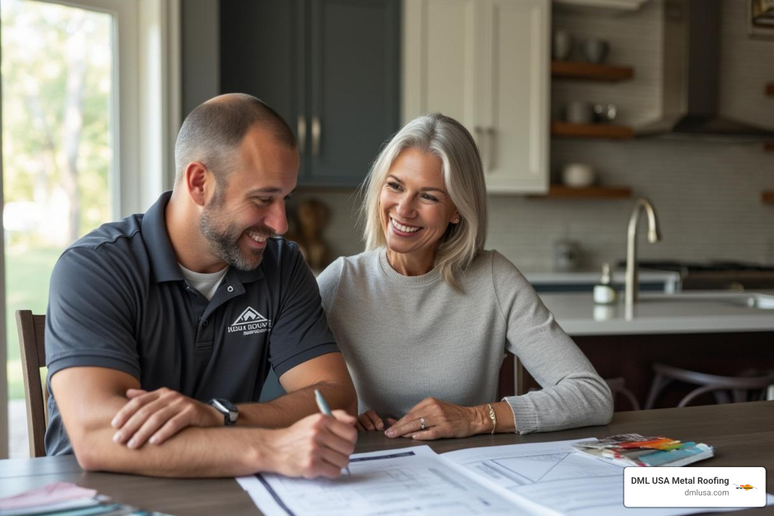 Homeowner reviewing contract details with metal roofing contractor - Chicago metal roofs