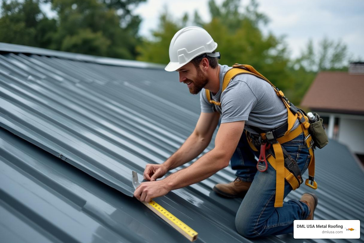 Professional roofer measuring and installing metal roofing panels with proper safety equipment - metal roofing square foot cost