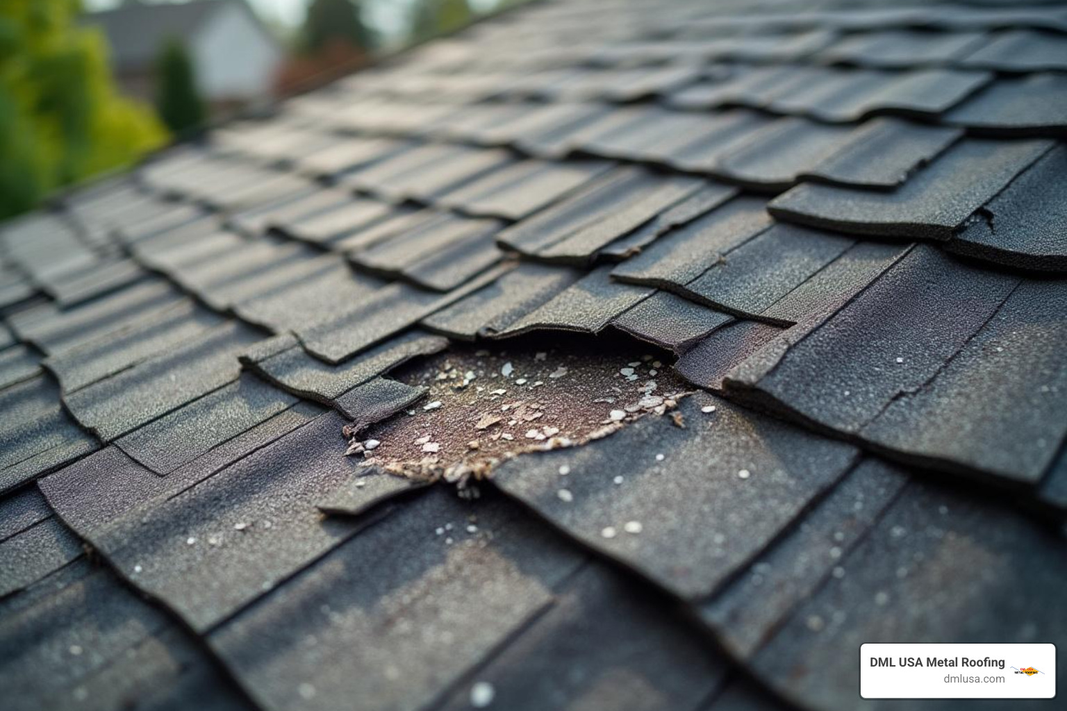 Close-up of damaged shingles needing repair - roofing cost