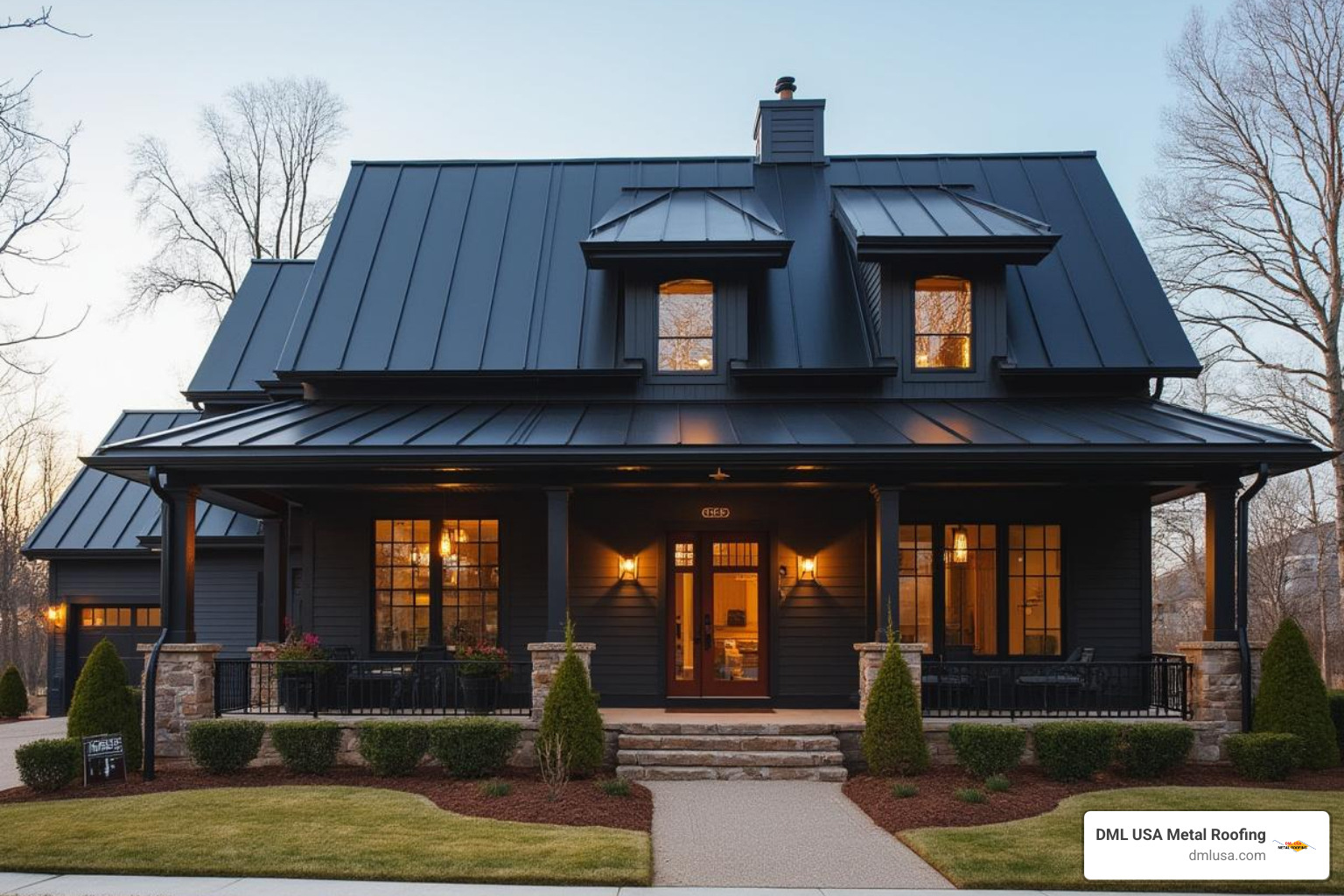 Modern home with standing seam metal roof in matte black, highlighted accents on porch and dormers - Metal roof design options