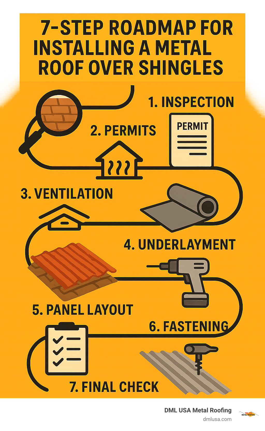 7-step roadmap for installing a metal roof over shingles: inspection, permits, ventilation, underlayment, panel layout, fastening, final check - metal roof over shingles infographic 