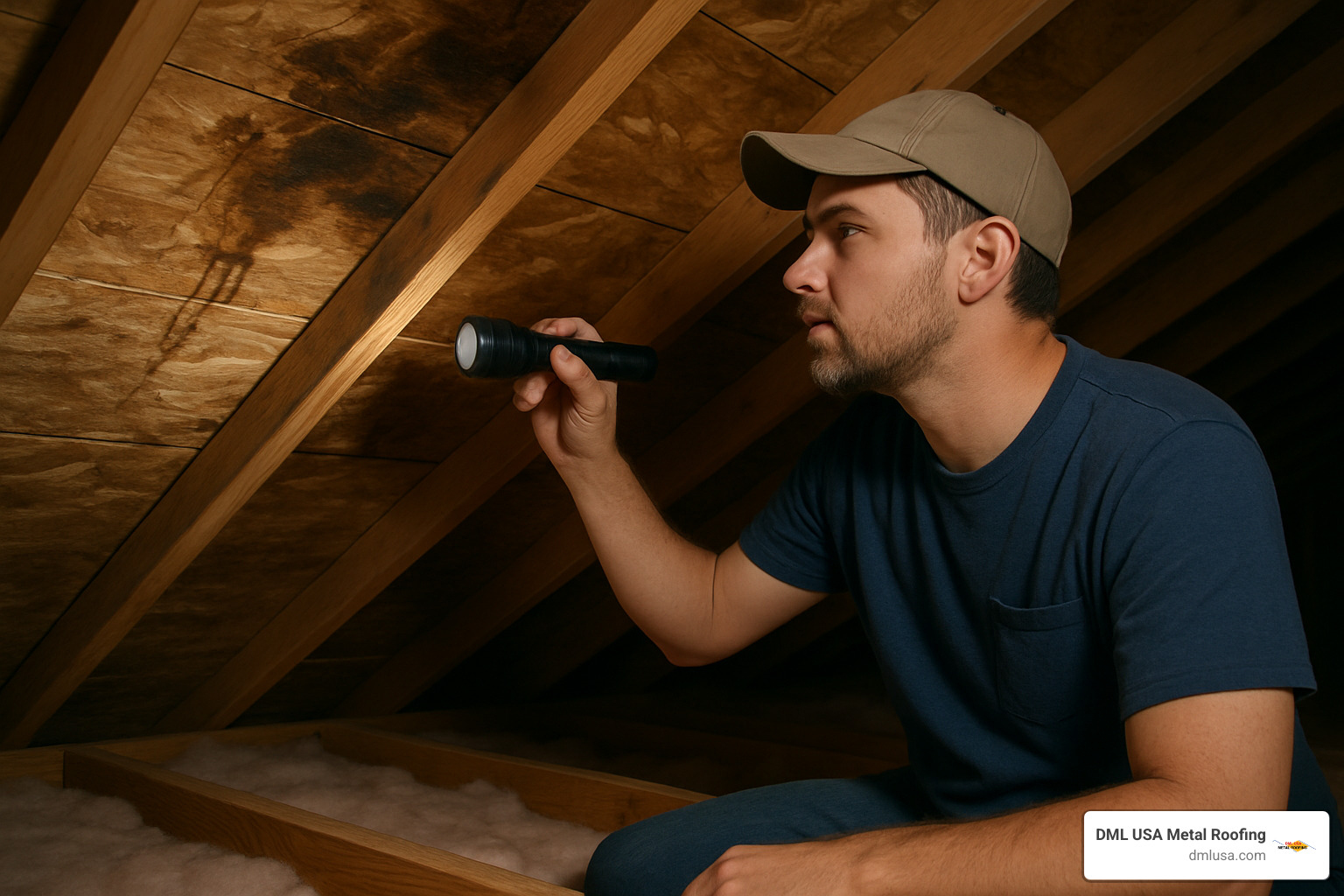 Homeowner inspecting attic for roof deck damage - metal roof over shingles