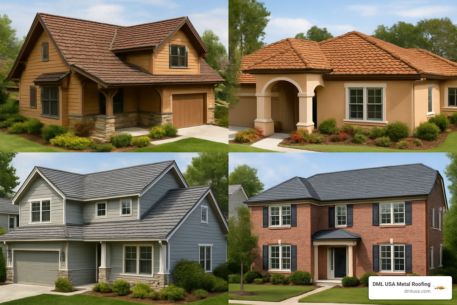 collage showing different stone-coated steel roofing profiles including shake, tile, shingle, and slate looks on various home styles - stone coated steel roofing