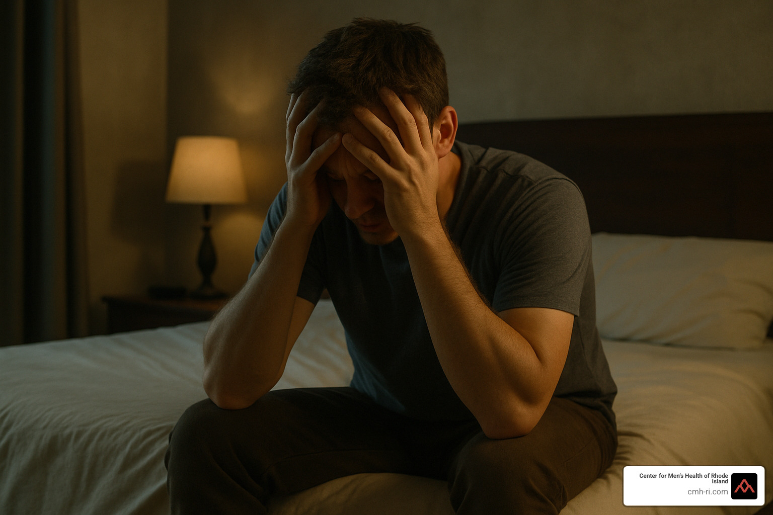 stressed man sitting on bed edge - erectile dysfunction causes