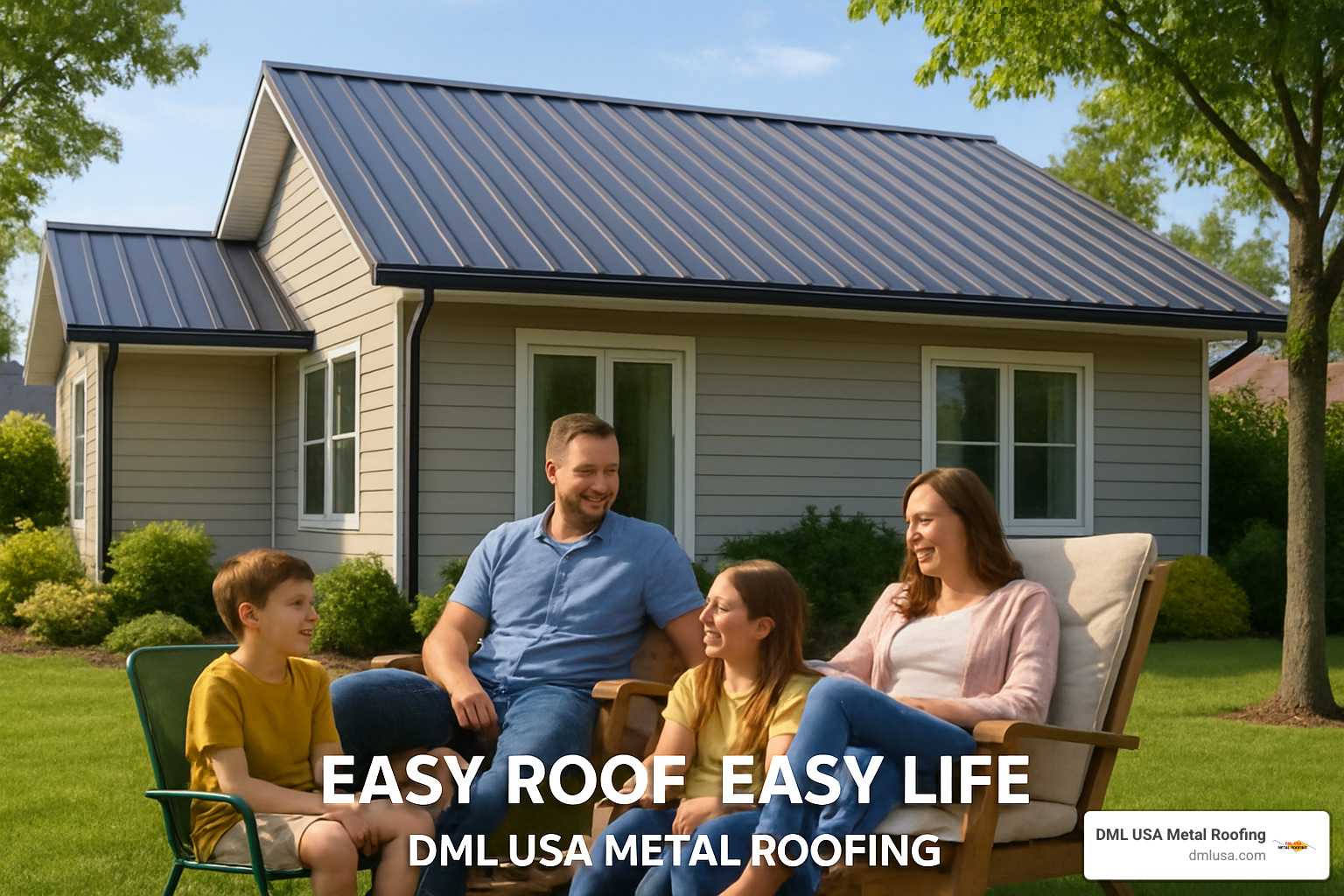 Family relaxing under a metal roof, “Easy Roof, Easy Life—DML USA Metal Roofing” - maintenance-free roofing solutions