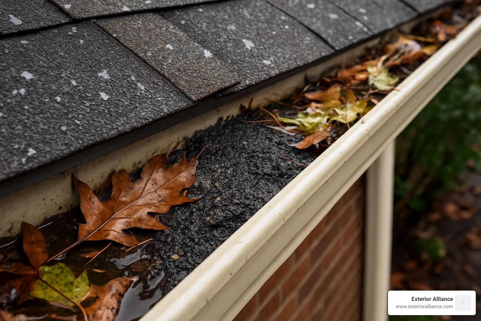shingle granules collected in gutter after a storm - hail damage roofing
