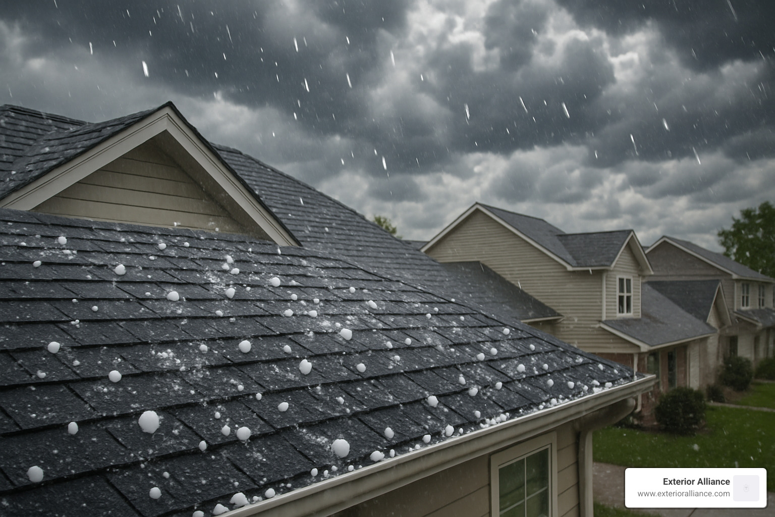 hailstones hitting a neighborhood roof - hail damage roofing