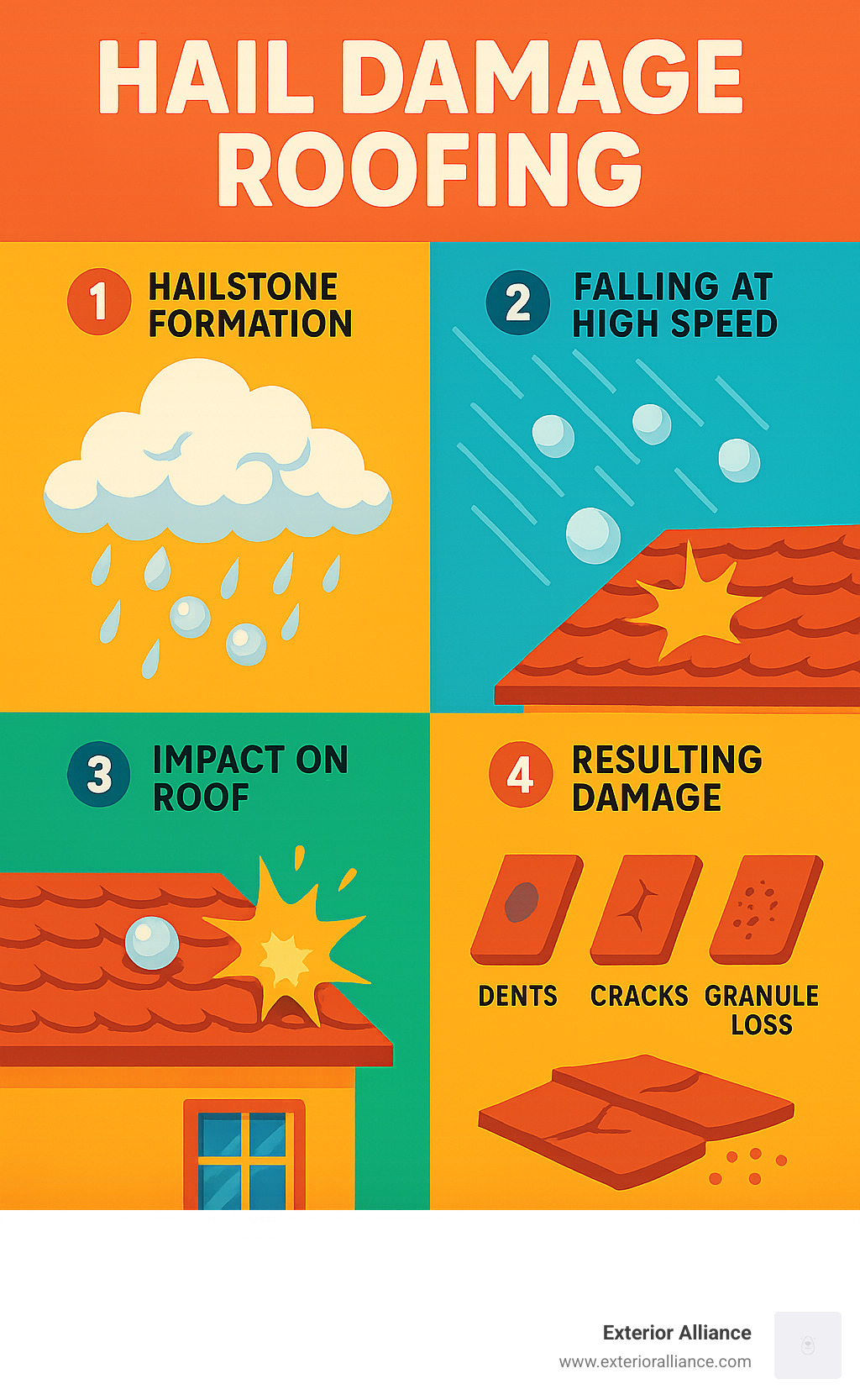 Infographic showing how hailstones form in clouds, fall at high speed, hit a roof, and cause damage like dents, cracks, and shingle granule loss in step-by-step visuals - hail damage roofing infographic 