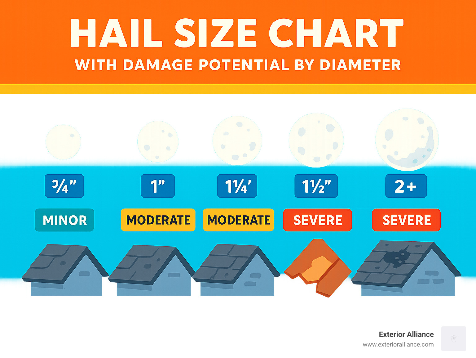 Infographic: Hail size chart with damage potential by diameter (¾", 1", 1¼", 1½", 2"+) - hail damage roofing infographic 
