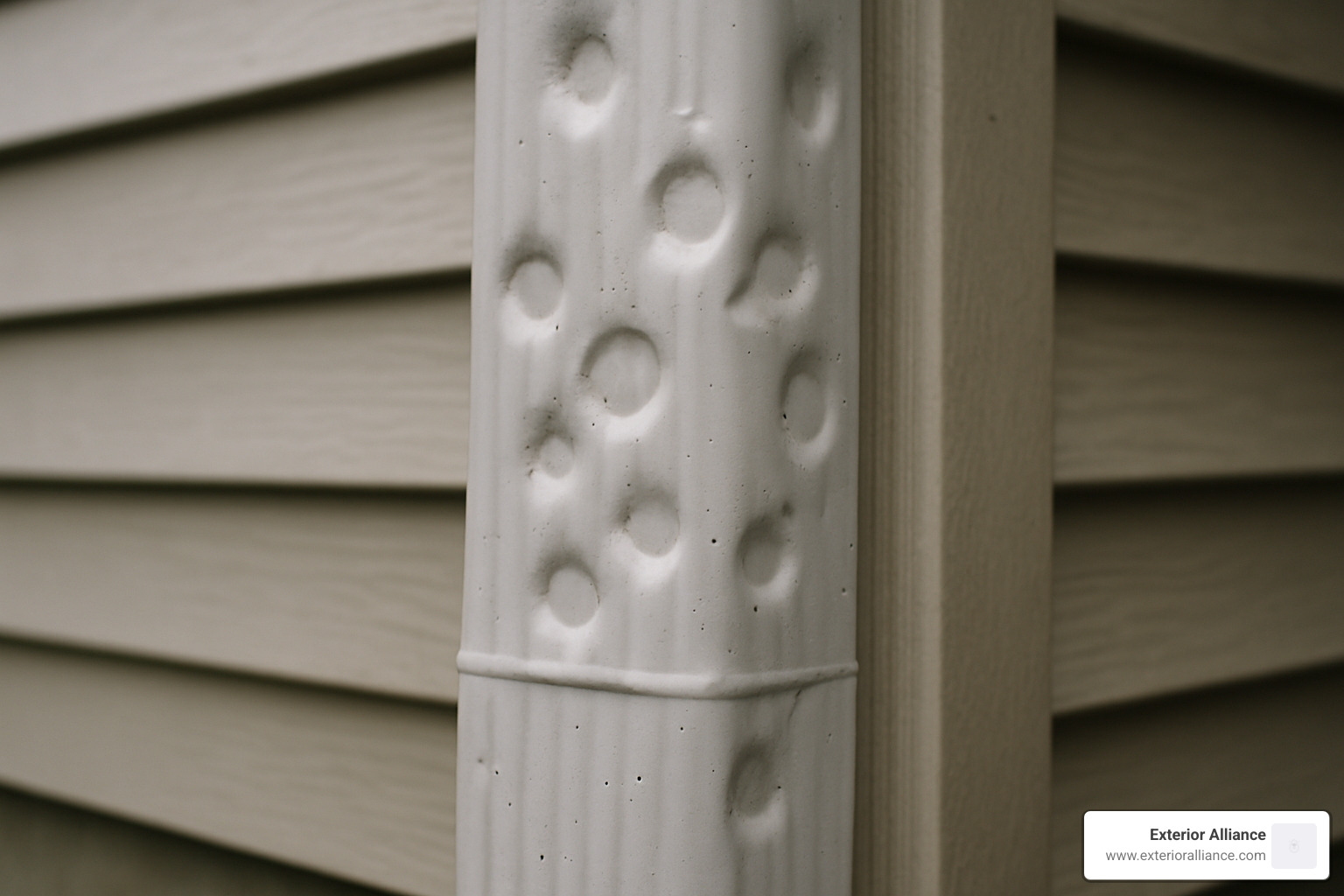dented downspout after storm with visible hail impact marks - hail damage roofing