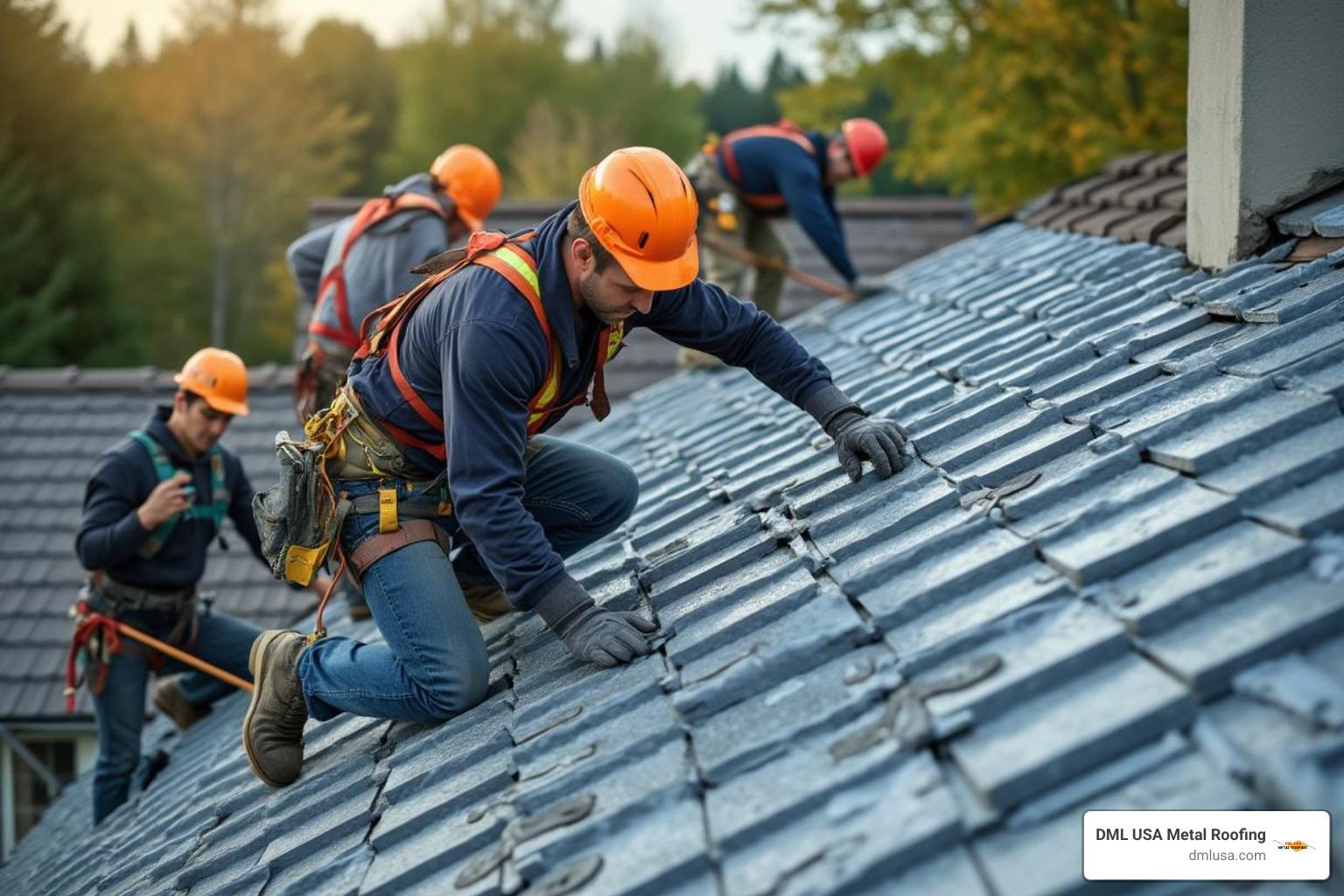 professional crew installing stone-coated steel roofing panels with proper safety equipment and techniques - stone coated steel roofing