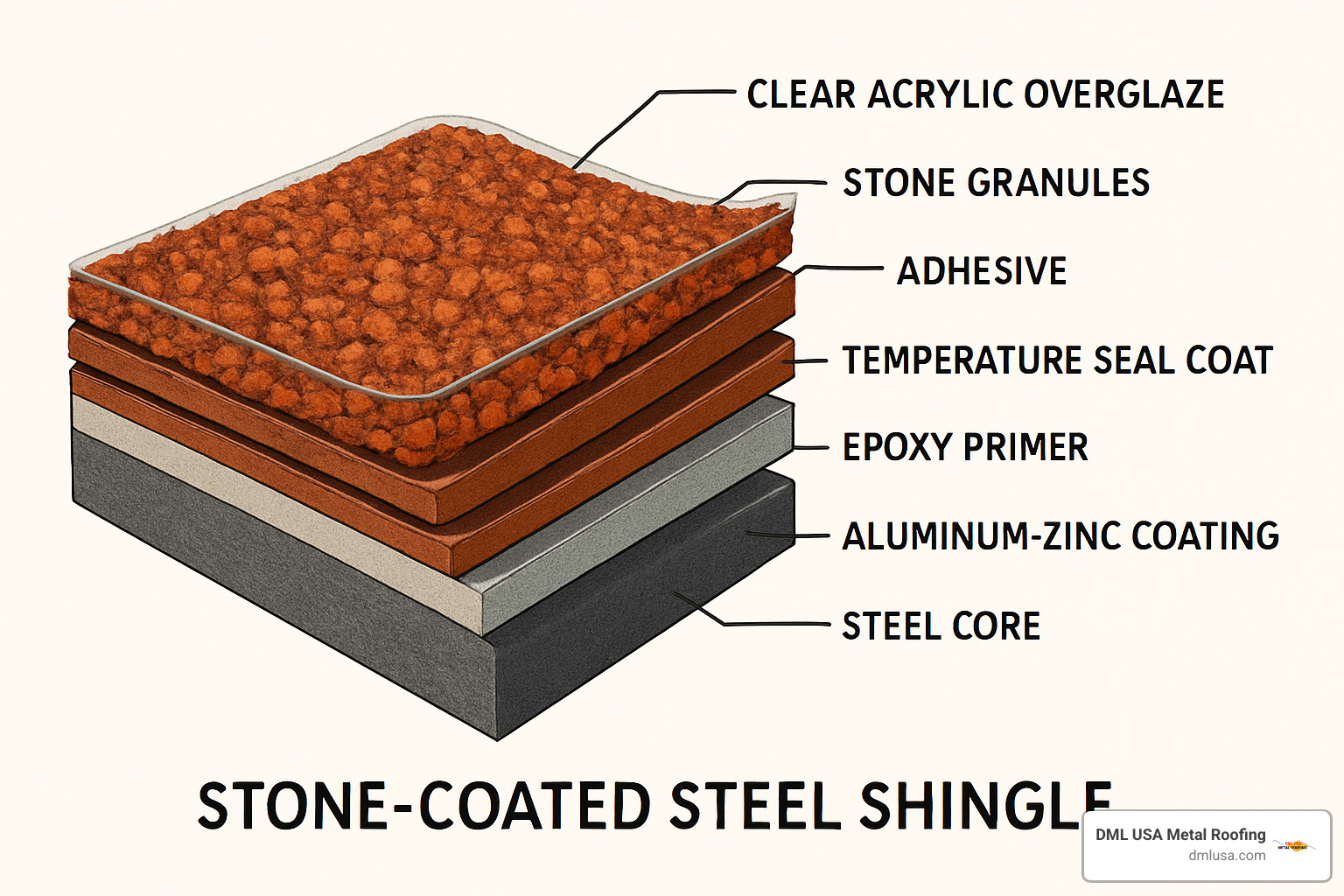 cross-section view of stone coated steel shingle layers - stone coated steel shingles cost