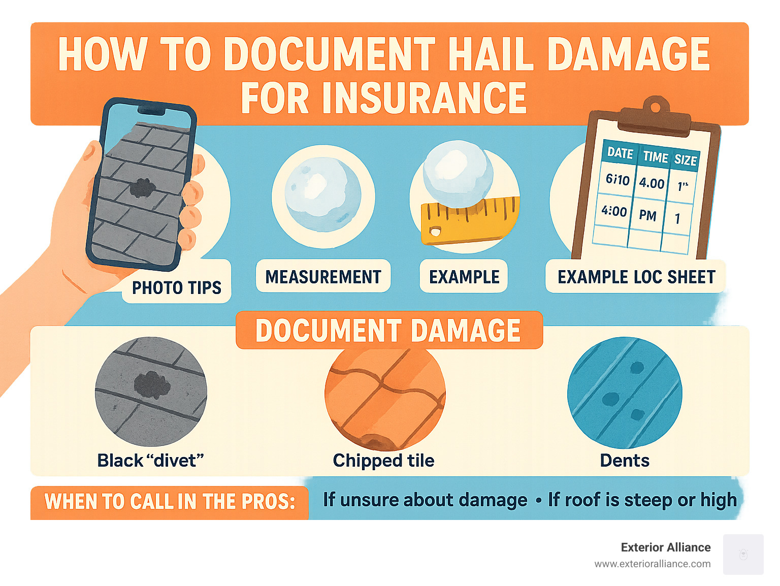 Infographic: How to document hail damage for insurance—photo tips, measurement, log sheet example - hail damage roofing infographic 