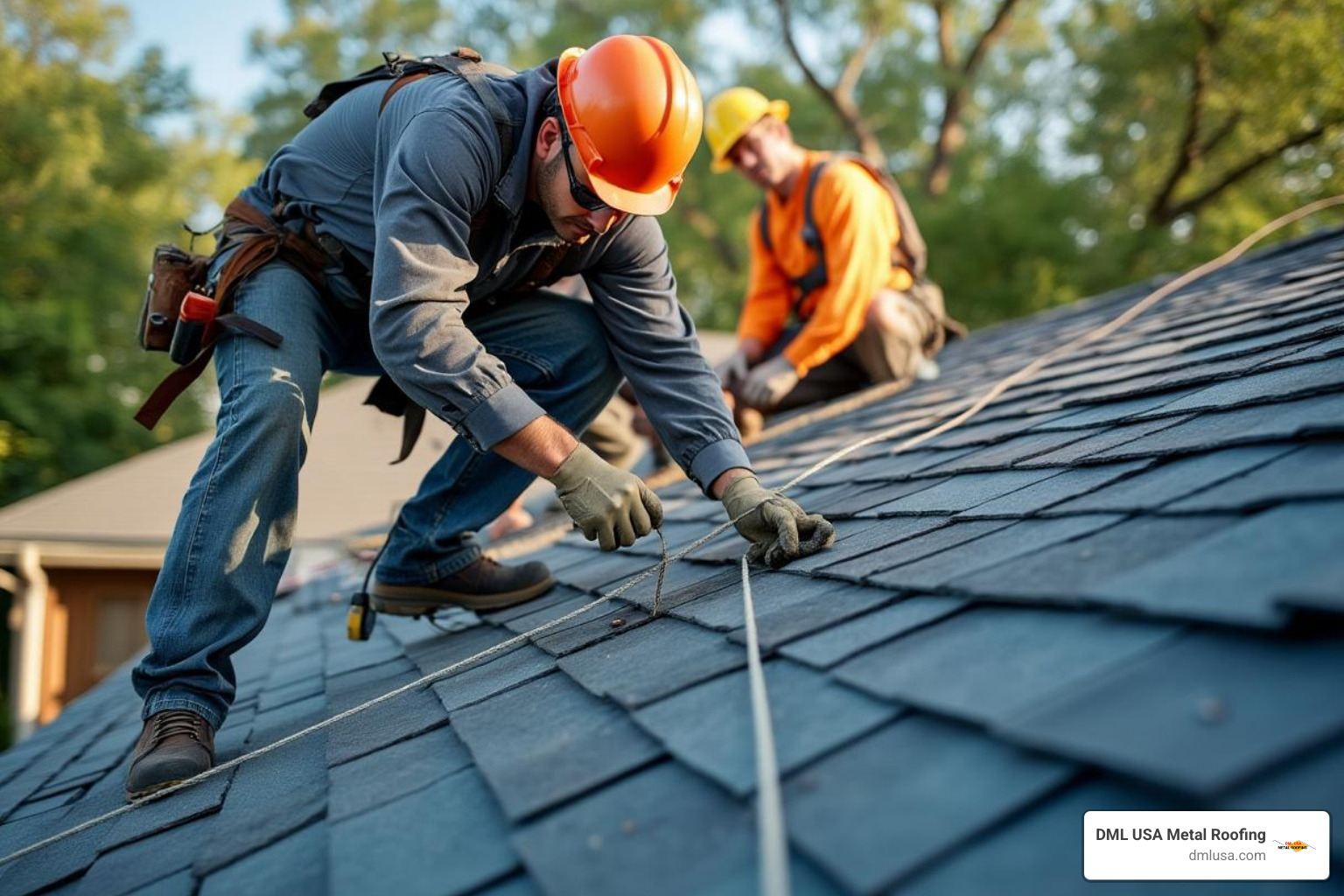 professional roofing crew installing stone coated steel shingles on steep residential roof - stone coated steel shingles cost