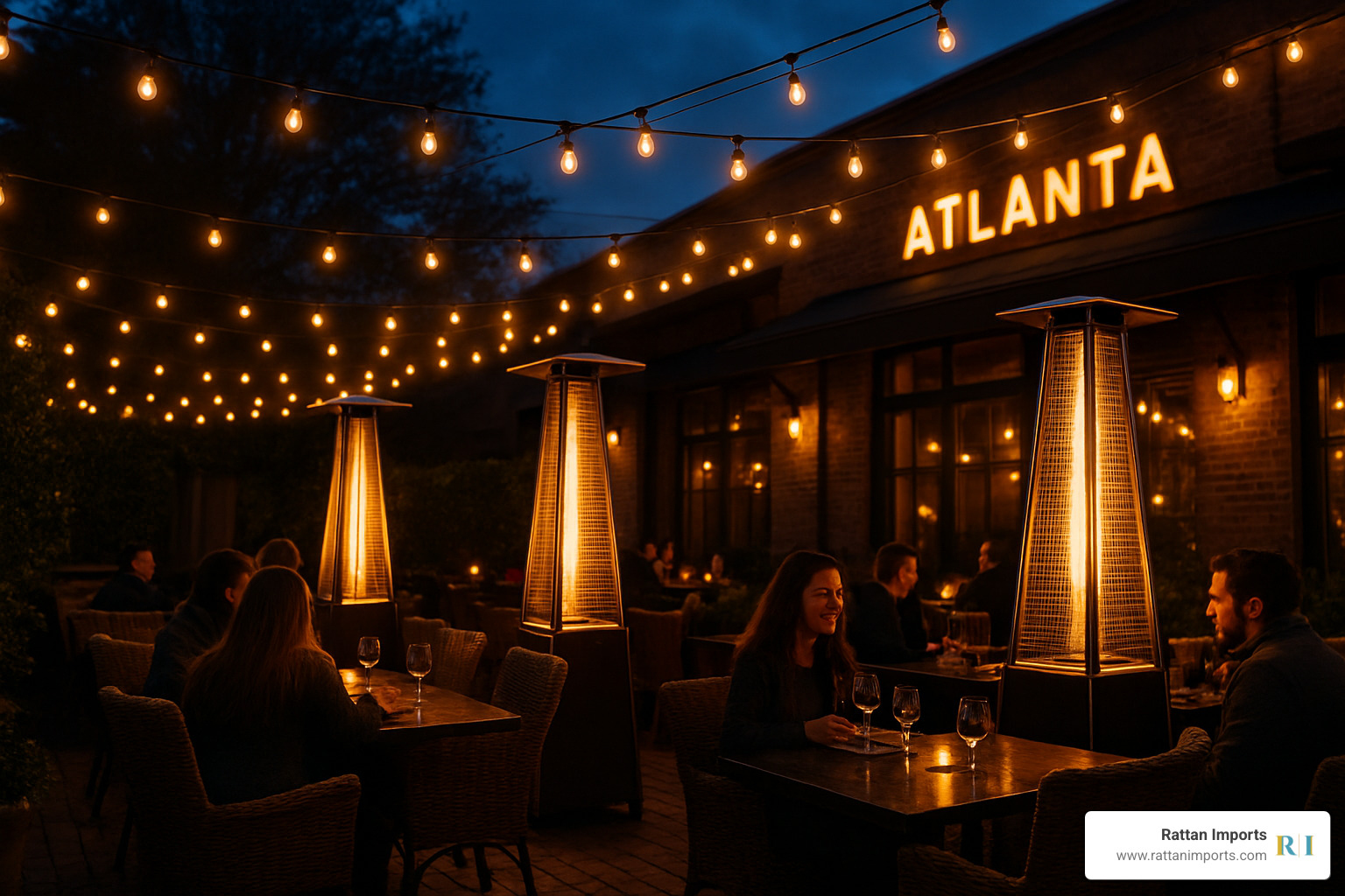 Atlanta patio with rattan furniture and heaters—your own winter retreat starts here. - atlanta restaurants with heated outdoor seating