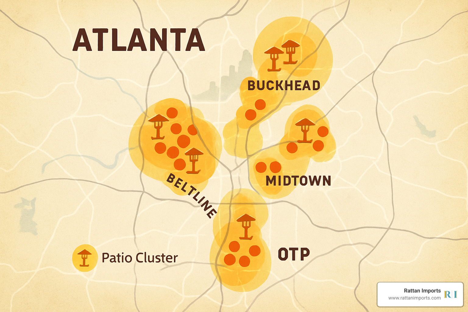 Map of Atlanta showing heated patio clusters in Buckhead, BeltLine, Midtown, and OTP. - atlanta restaurants with heated outdoor seating
