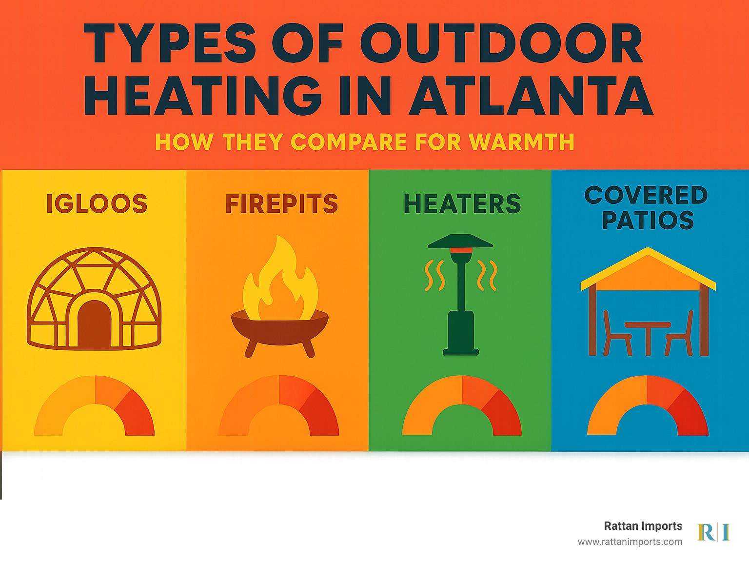 Infographic: Types of outdoor heating in Atlanta—igloos, firepits, heaters, covered patios, and how they compare for warmth. - atlanta restaurants with heated outdoor seating infographic 