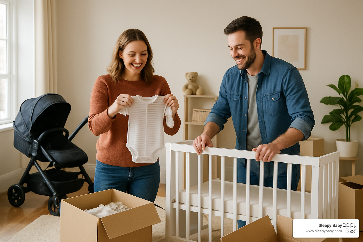 Happy parents setting up a nursery with registry items - baby registry checklist